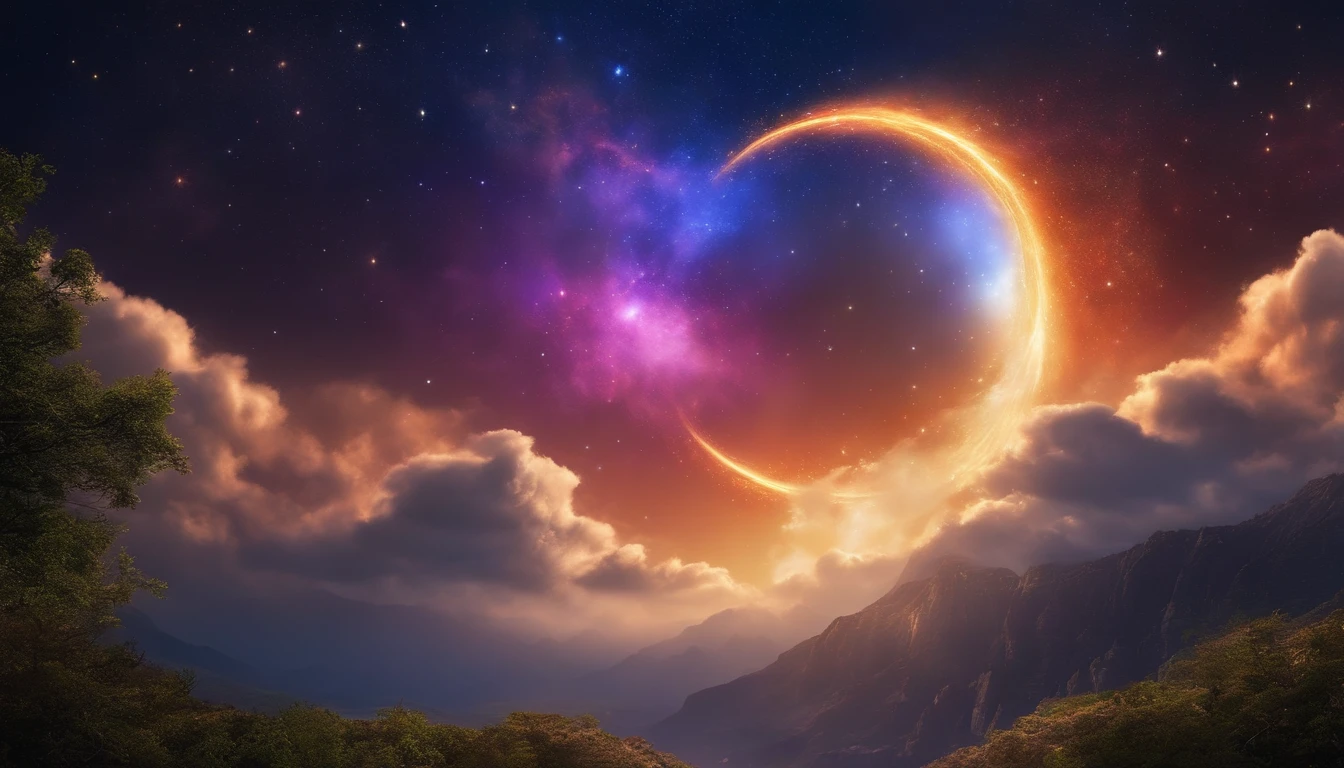Depict a captivating starry sky on the banner, representing infinite wisdom and possibilities.，Very bright colors, Light particles, with light glowing, Mshiv, wallpaper art, UHD wallpaper