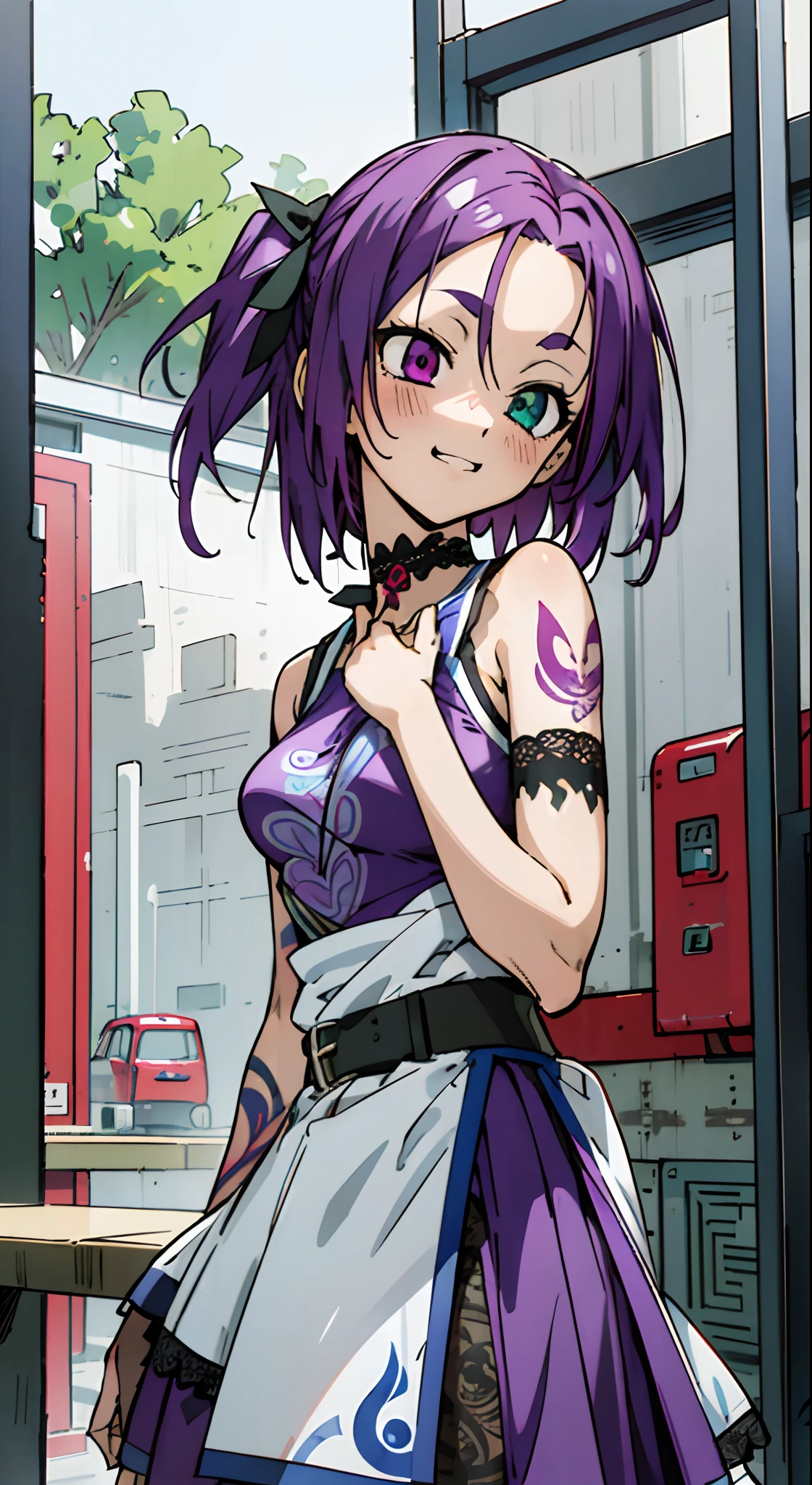 masutepiece, Ultra-detailed, Colorful, Up-close, Hyper-detailing, purple color  hair, Ultra-realistic hair quality, Vibrant colors, Young Girl, 14years old girl, Beautiful long hair, Shiny hair, detailed hairs, Hair Ribbon, Single-sided up, Reo Mikage, Blue Lock, no sleeves, Sleeveless, open shoulders, Camisole and cheongsam, Blue Camisole, cheongsam with panniers, Dress, Lace dress, chinese clothes, Chest exposure, Lace underwear, Metamorphosis is exposed, buckle, Choker, Black Choker, complete fingers, Five Fingers, Two arms, Two hands, The tattoo, body tattoo, arm tattoos, Blue Rose Tattoo, Tattoo on the wrist, Tattoo on the thigh, Relative area, Sexy breasts, Big breasts, red blush, 1girl in, Solo, Sharp face, Heterochromia, Green eyes, Purple eyes, Bare neck, Happy face, Best Quality