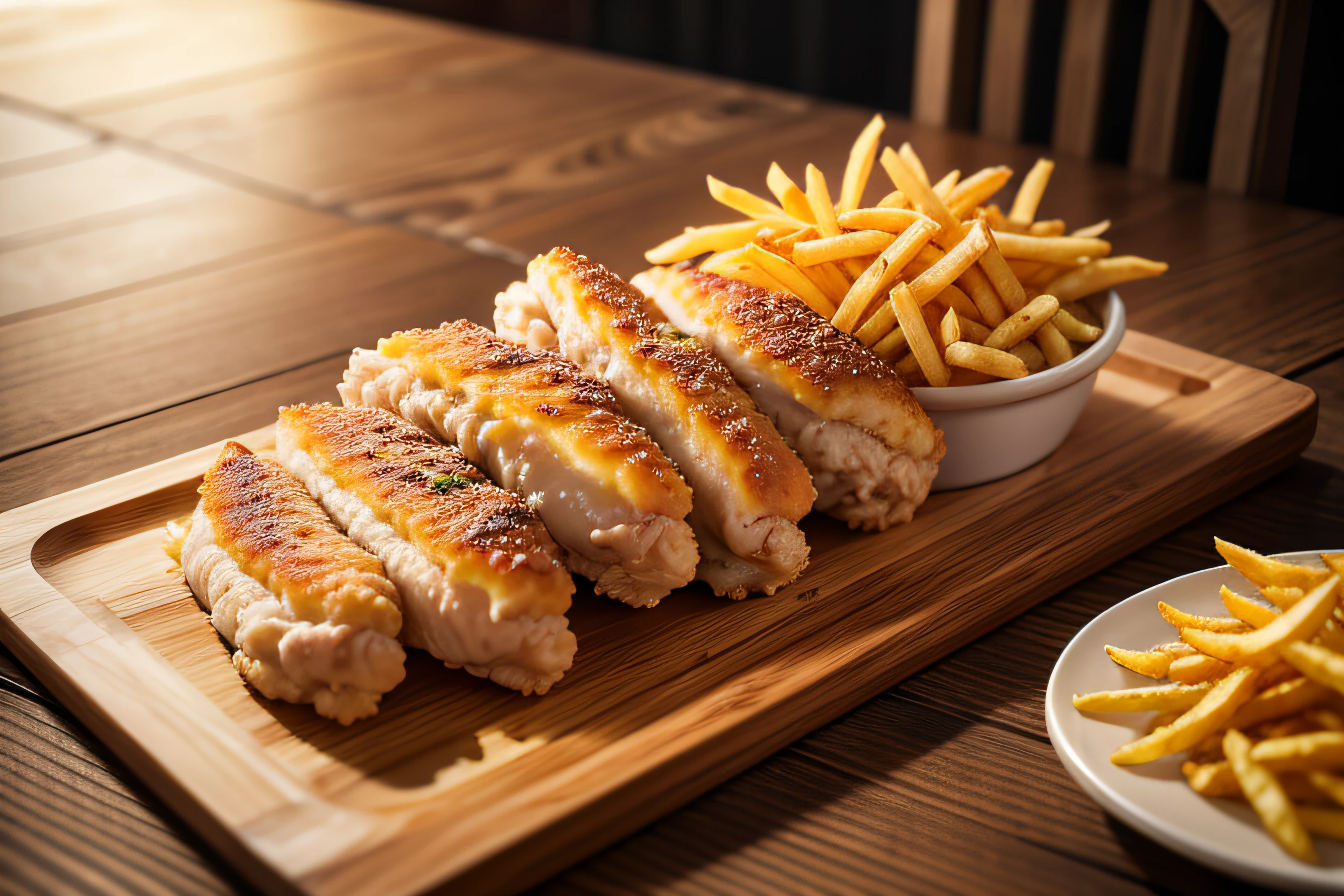 (food photography), photograph of fried chicken with french fries, served on a rustic wooden table, realistic, very detailed, 8k, HD, good quality, detailed,