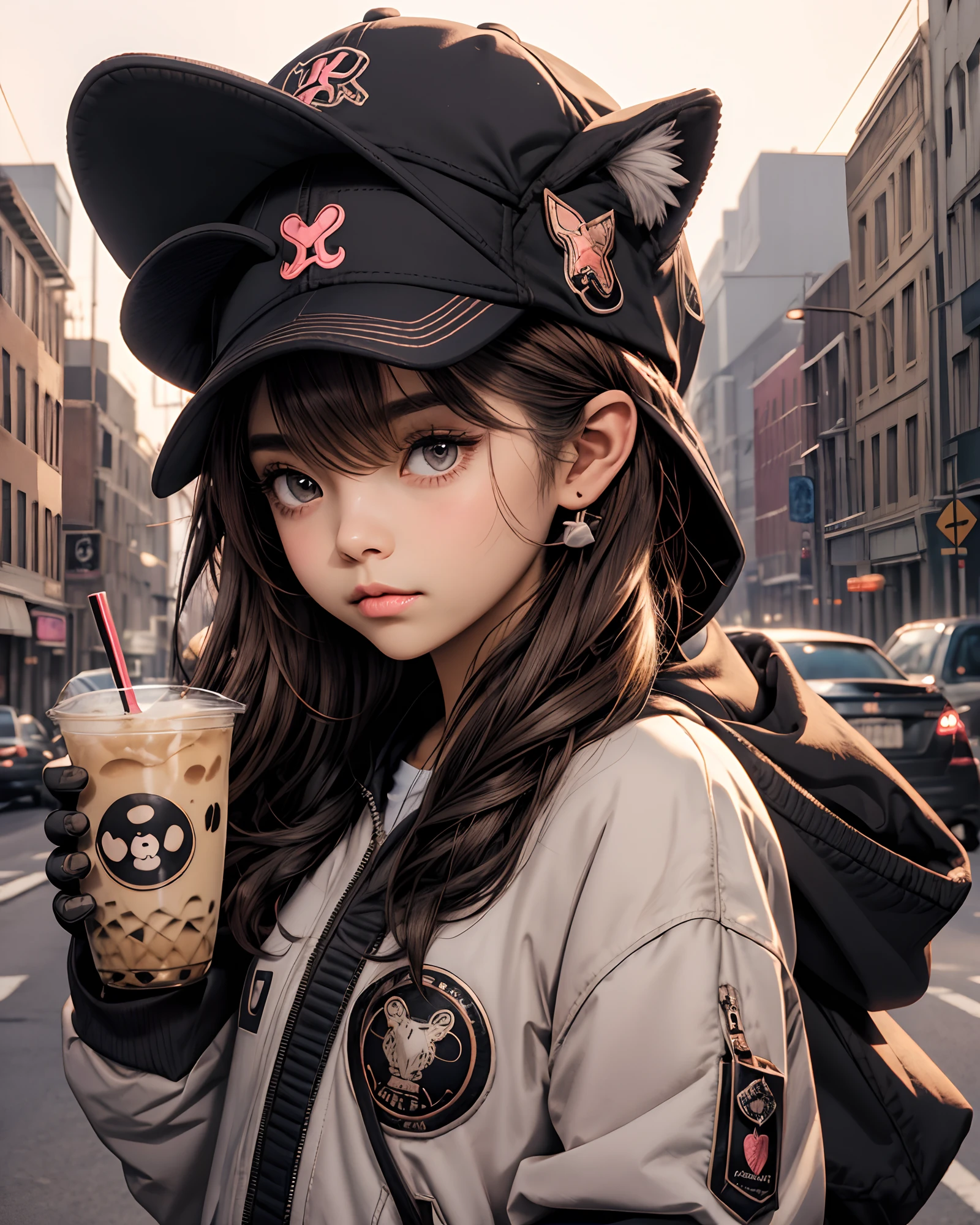 Memphis,1girl, big eyes,solo, jacket, animal ears, gloves, tail, upper body,  hat, holding, brown hair, open jacket, drinking straw, black gloves, open clothes, long hair, pointy ears,  black jacket, bubble tea, brown eyes, looking at viewer, shirt, baseball cap, holding cup, hood, hooded jacket, hair between eyes, blush, white shirt, animal ear fluff, ears through headwear, bangs,  heart, cute and adorable cartoon