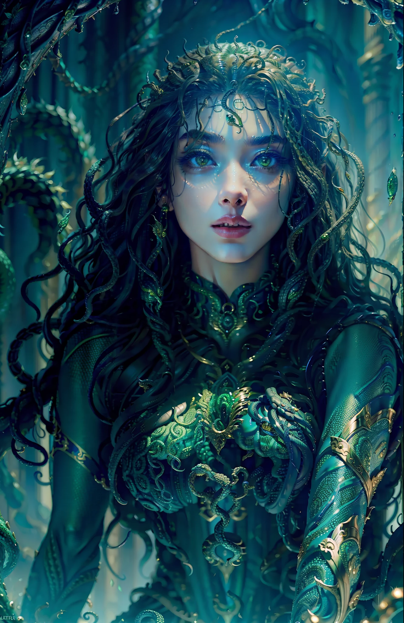 ((best quality)), ((masterpiece)), ((realistic)), Medusa, full body, the hair is composed of countless small snakes, green eyes, female face, metal carved top, royal aura, trend on artstation , sharp focus, studio photo, intricate detail, very detailed, detailed eye, illustration, very detailed, sharp focus, digital render, professional, 4k