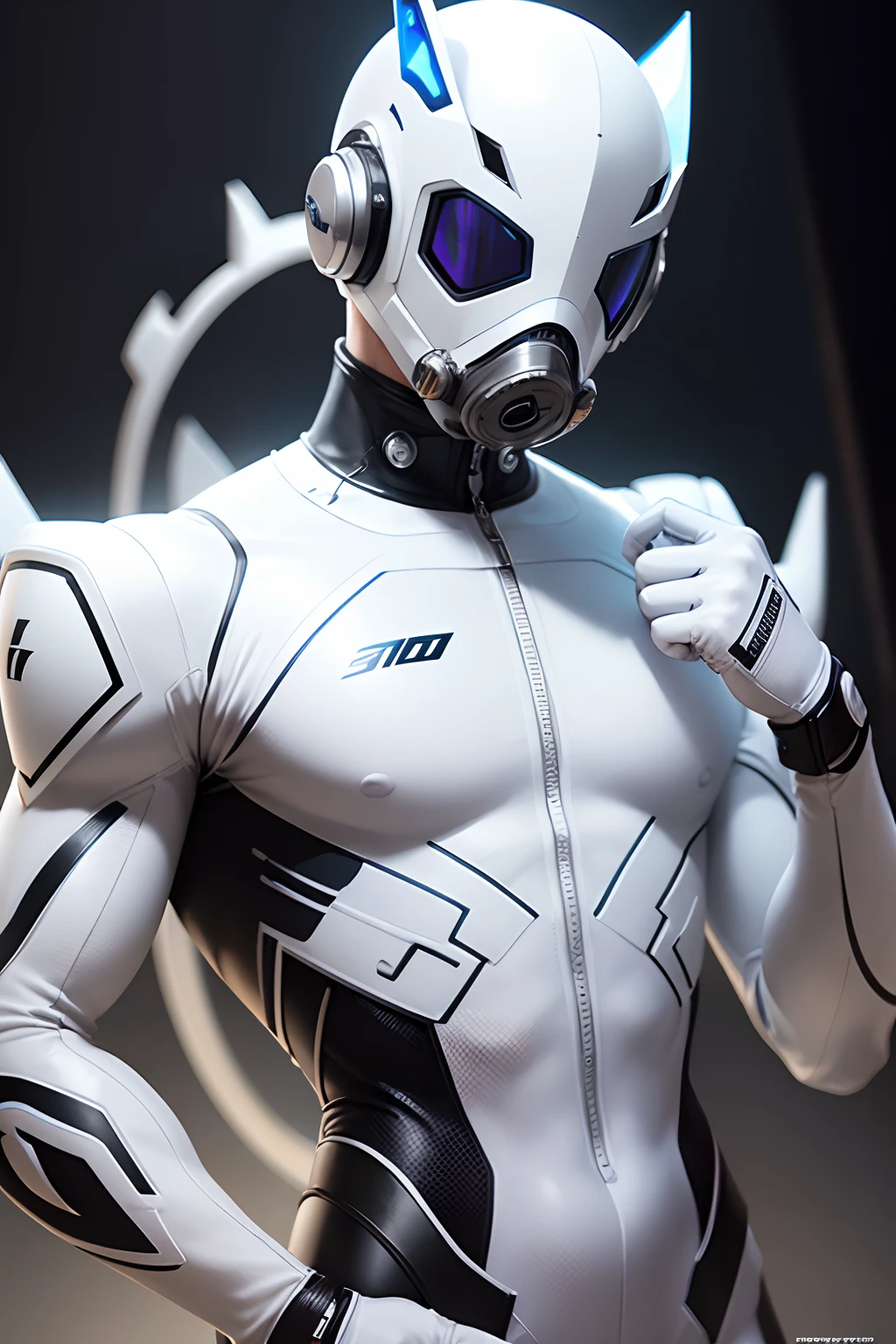 Futuristic rubber all white body suit, skin tight, hair visible, hands visible, gloves, boots, toned male, young man, shiny suit, hands covered, futuristic mouth mask