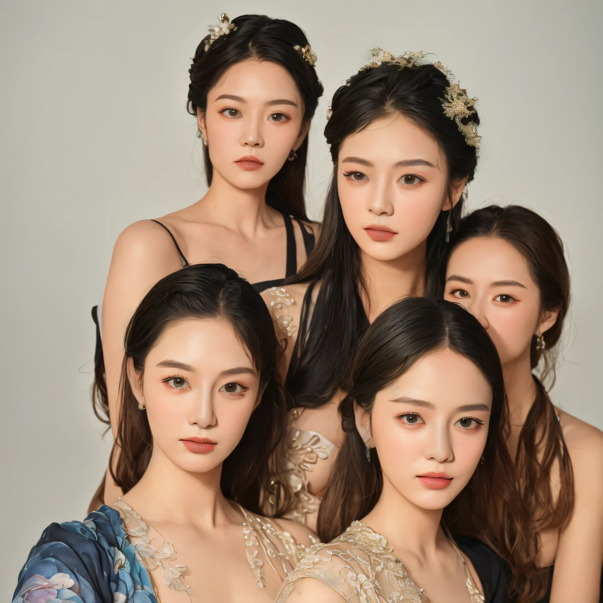 ((Naked))-level image quality、closeup portrait:1.4,detailed faces,Like a shot with an SLR、Sensual body,thighs、slit、Painting a work of art depicting two women in naked,duo,((sisterhood)),front view,rendering by octane, hdr,leering:1.3,topknots,hairbuns,Chinese hair ornament:1.4,Chinese hairpins:1.4,Chinese hairsticks:1.4,Fireflies, night, starry sky, jewelry,light particles, (fantasy: 1.2), stars, fantasy,