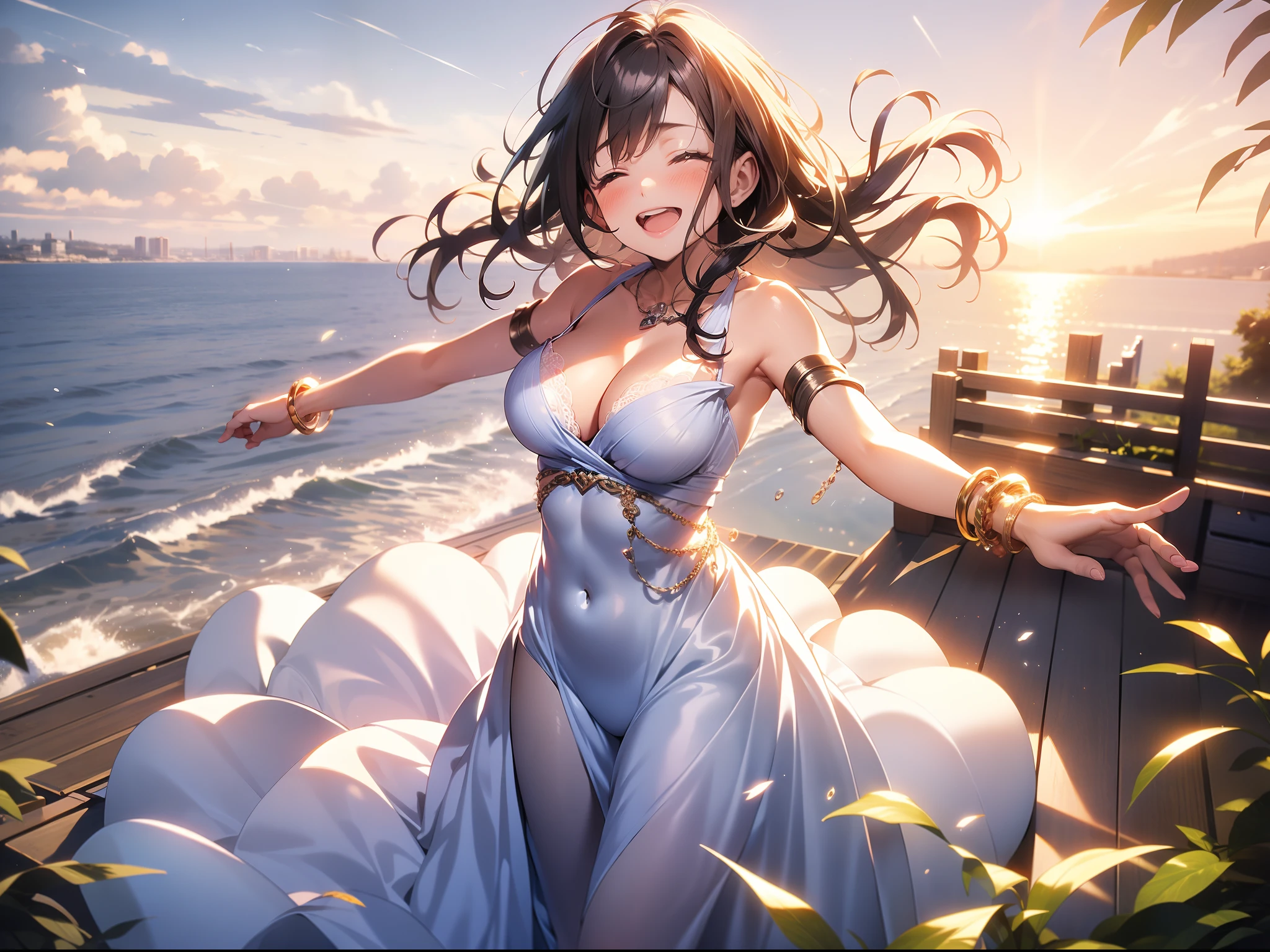 in 8K、top-quality、​masterpiece、ultra-detailliert、Ultra-high resolution、((1 persons))、girl with、flying though the air、strong breeze、spreading arms widely、bionde、white dres、cleavage of the breast、bare shoulders​、makeups、A bracelet、Pendants、lensflare