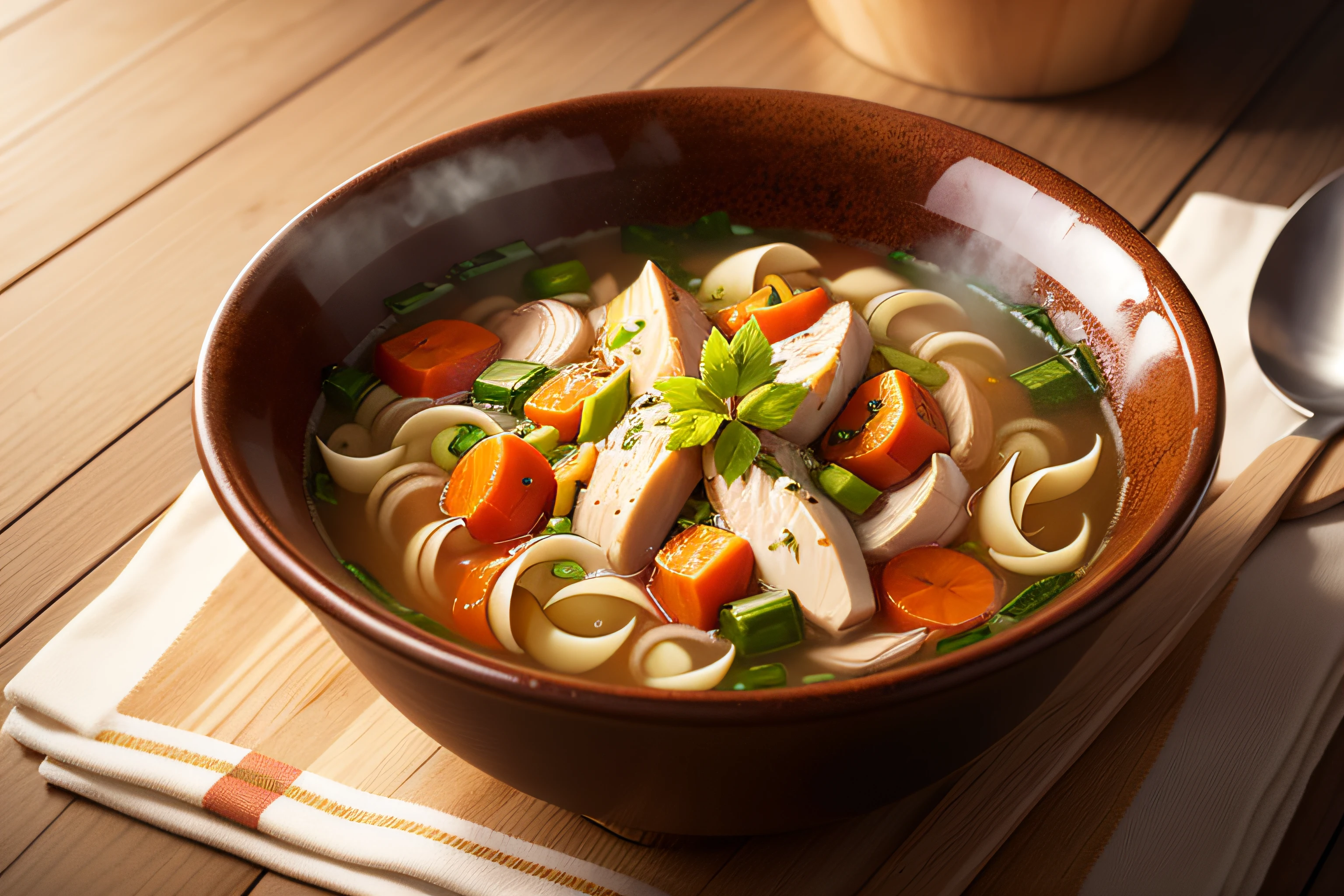 (food photography), photograph of chicken noodle soup, steamed, served on a rustic wooden table, realistic, very detailed, 8k, HD, good quality, detailed,