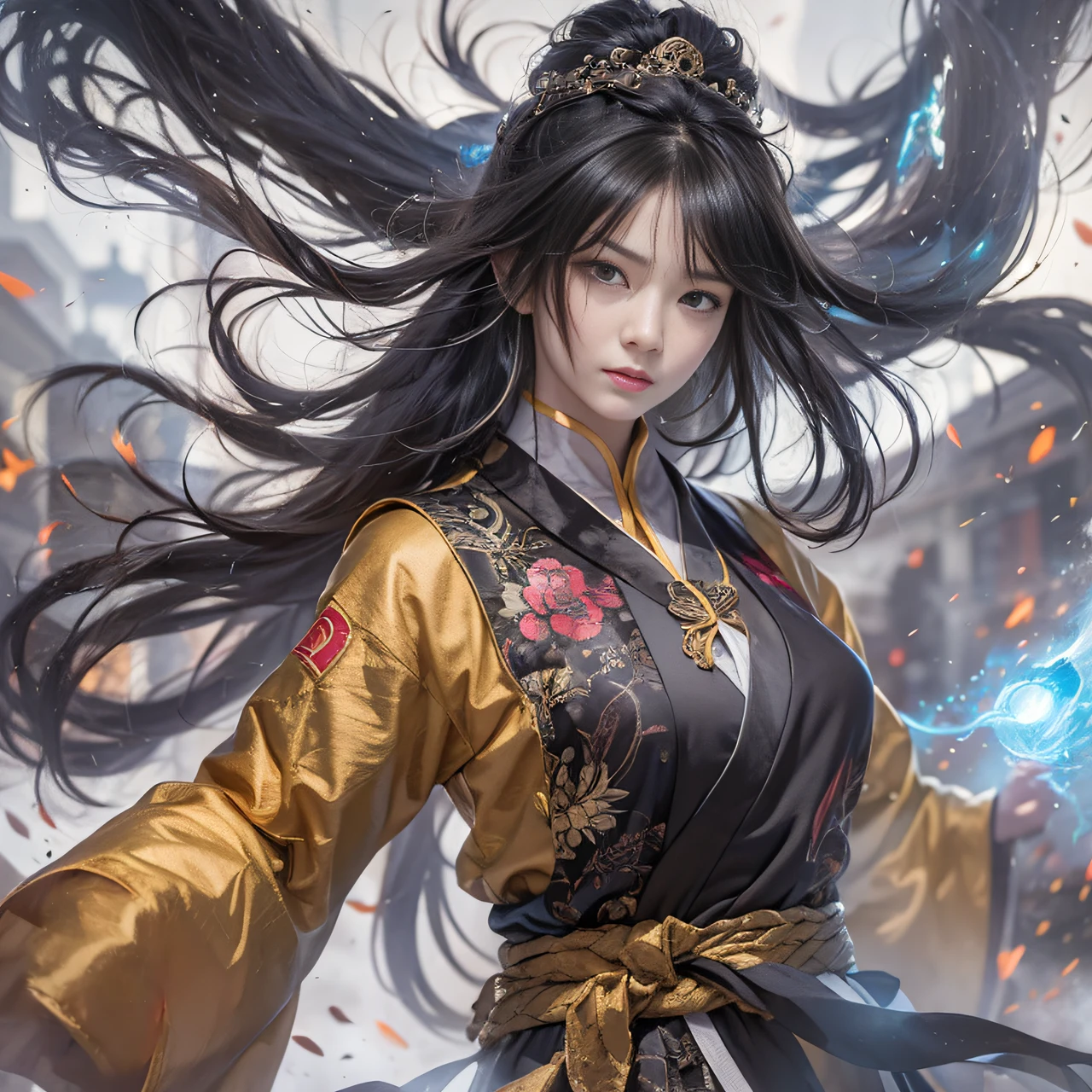 A woman in a black and gold dress holding a sword - SeaArt AI