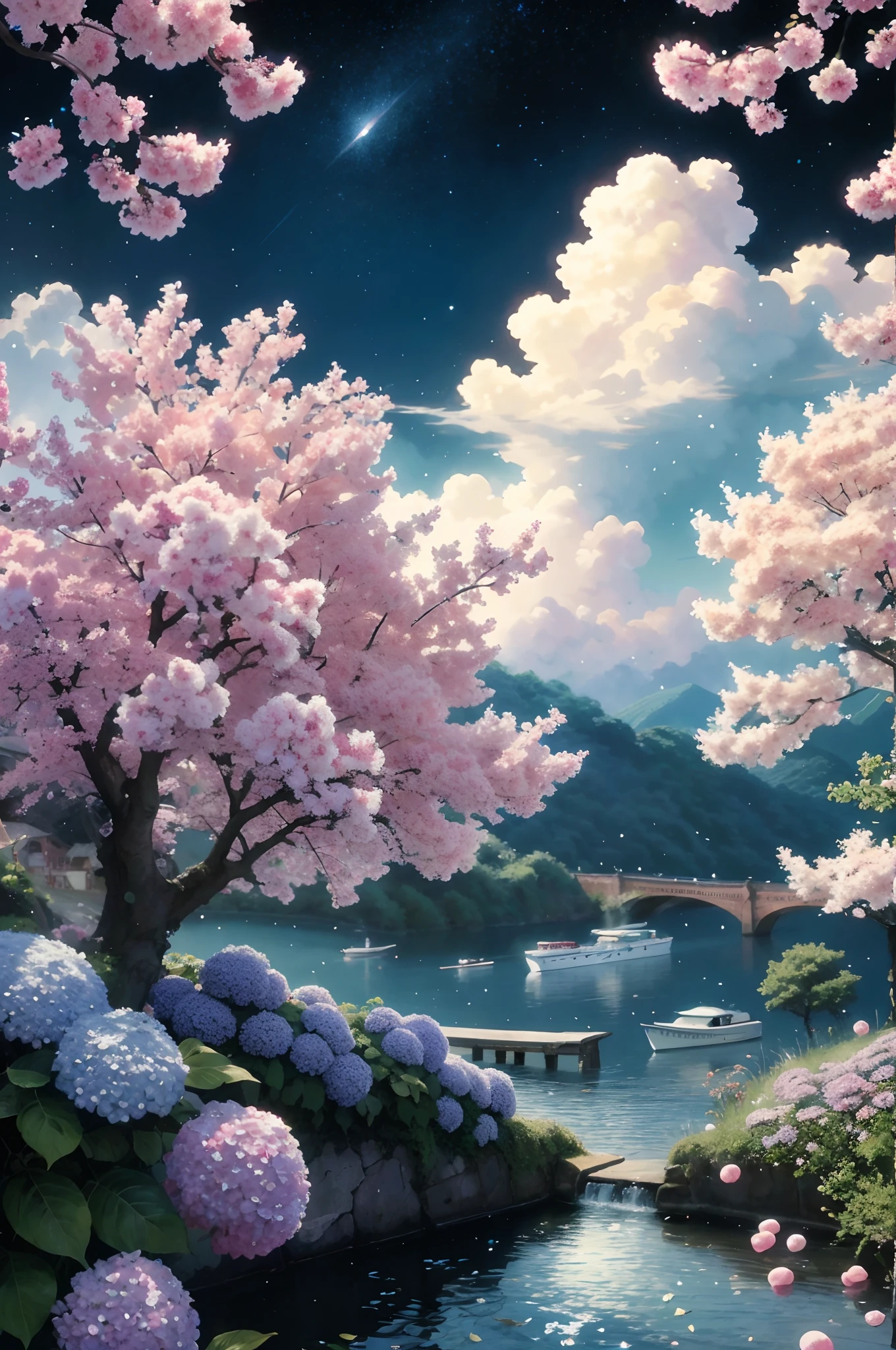 painting of a beautiful landscape with a river and a bridge, beautiful art uhd 4 k, anime beautiful peace scene, anime nature, anime art wallpaper 4k, cotton candy, fluffy, beautiful puffy drillhair woman, hydrangea, mock orange, fragrance, orange scent, cherry blossom, swirling cotton candy clouds, anime art wallpaper 4 k, scenery artwork, anime art wallpaper 8 k, anime landscape wallpaper, beautiful anime scenery, anime nature wallpap, beautiful anime scene, anime wallpaper 4k, anime style 4 k