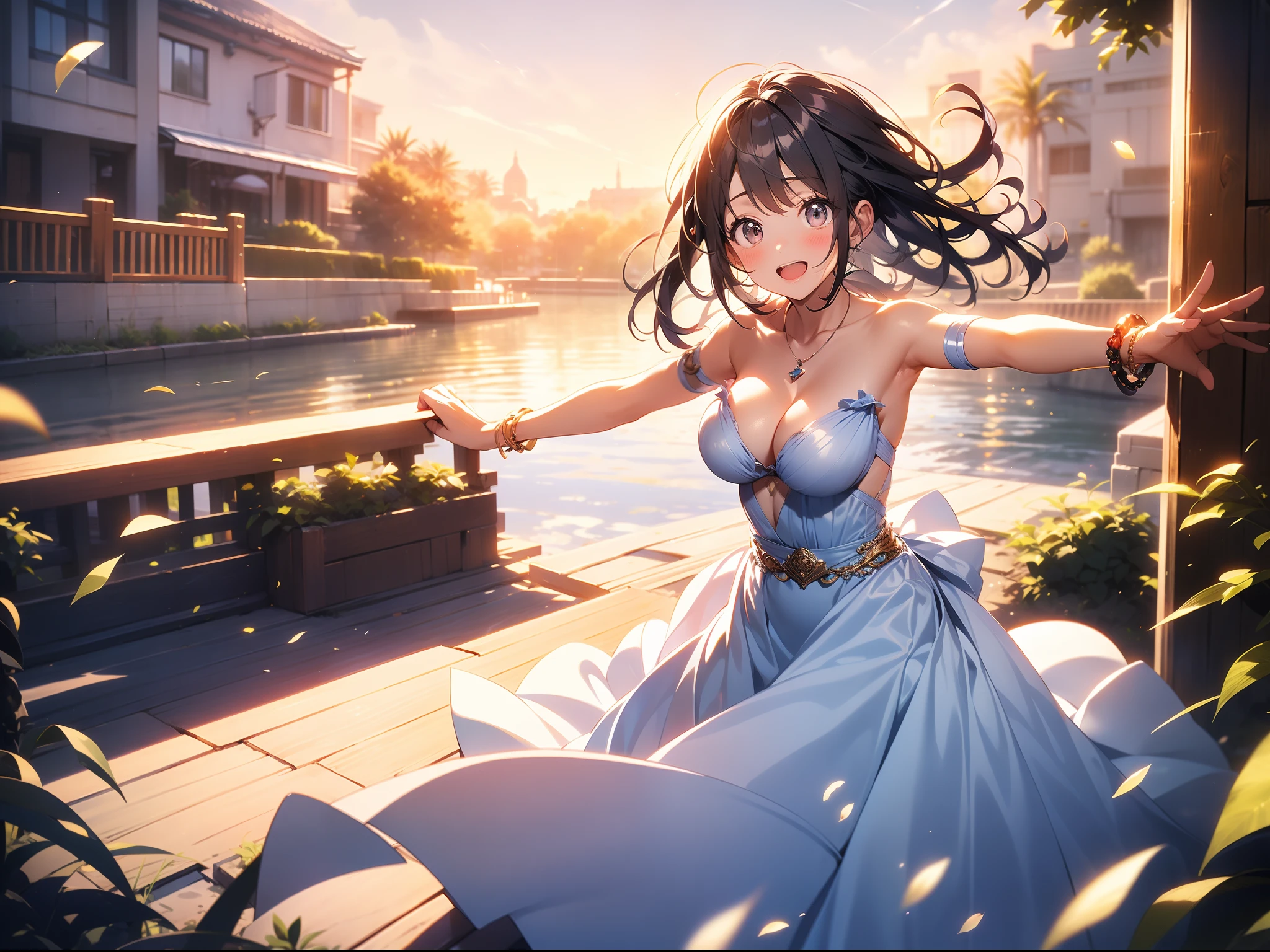 in 8K、top-quality、​masterpiece、ultra-detailliert、Ultra-high resolution、((1 persons))、girl with、flying though the air、strong breeze、spreading arms widely、bionde、white dres、cleavage of the breast、bare shoulders​、makeups、A bracelet、Pendants、lensflare