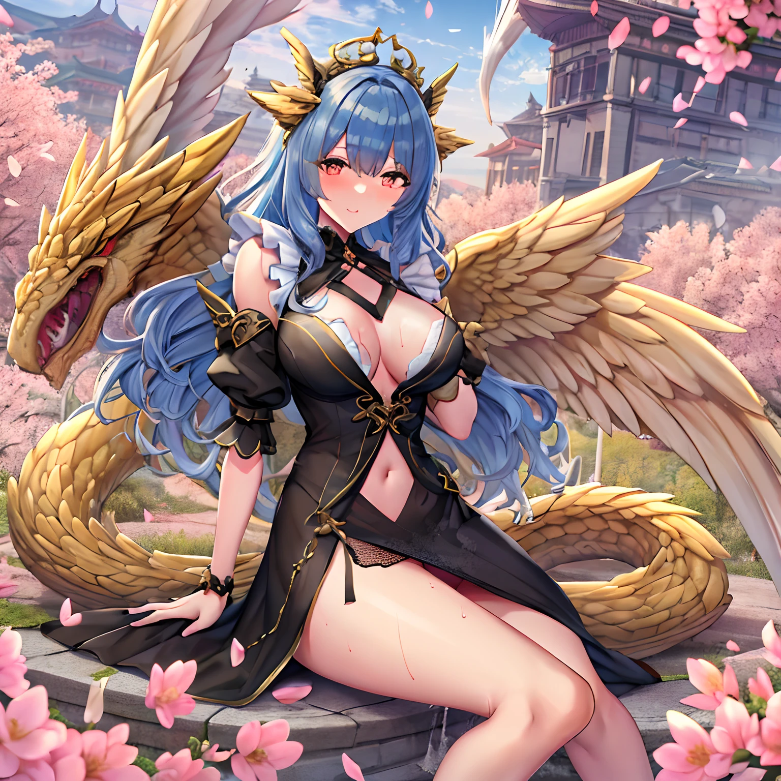 Dynamic series of drawings showing silver-haired and blue-eyed warrior girl., 8K, 超A high resolution, ultra-detailliert, hard disk,(well designed face), Amazing face, (super detailed), Beautiful eyes, Soft lighting,, Outdoors, A city scape,, urushisato,1980s,, Beautiful detailed eyes,Mechanical parts, Asymmetrical hair,thigh highs, latex suit,cleavage,ung aristocratic maid woman)((Black ruffled maid outfit with luxurious embroidery))((Heavy drool))((Very angry look))((red blush))((Painful and troubled face))((The face of suffering and perseverance))((Heavy sweat on the face,)((Heavy sweat spreading all over the body)))Girl with a troubled face、nightcity、Sateen、Kimono without sleeves、A dark-haired、Holding a weapon with blood on it、Looking at the camera、Cherry blossoms are dancing,Unusually resistant、red blush、shrine maiden、valkyrie、Angel wings、a navel、sideboob barbosa、with an intricate、Particles of light、thighs thighs thighs thighs、shinny skin、Perfect litthing、1girl in、looking at the viewers、Winged headgear、pelvis curtain、A smile、(masterpiece)、(top-quality)、tiny chest、Porcelain Skin、Very long hair、hair wavy、Royal sister,femele,A queen,putting on a crown,There are a lot of golden lightning around,sitting in a throne,Bangs cover the eyes,Black Suspender Socks,Black Lace Top,,High jump,Grab Erlang's leg,,Black Silk Top,domineering,smil,The corners of the mouth are raised,Red and gold eyes,Black silk erotic underwear,Black top,Black Silk Gloves,I have a gorse tattoo on my chest and thigh,There are many golden dragon scales on the arms,There are many golden dragon scales on the neck,Bright eye,dragon eyes,Snake's Eye,Upright pupils,There are golden stripes on the clothes,There is a golden pattern on the clothes,The socks have a golden pattern,tall figure,Expose the outside of the chest,Twisted blade hanging over the shoulder,Smaller breasts、With elongated dragon horns,Giant Golden Dragon Wings,Giant Golden Dragon Wings,Huge golden dragon wings as big as a body,The b