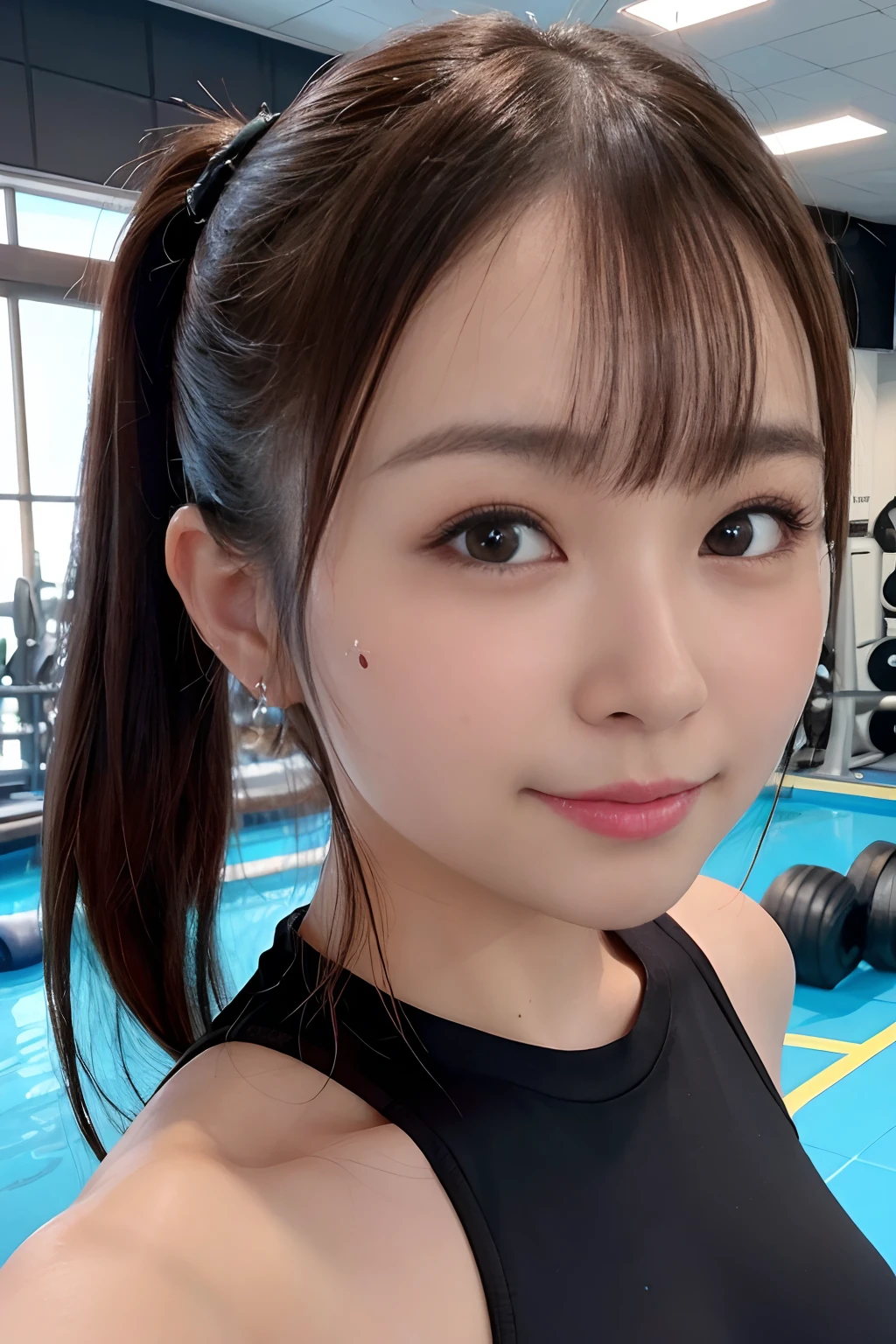 8K、Realistic、A detailed face、Detailed mouth、A detailed eye、wetted skin、is standing、A smile、((large full breasts))、Black sportswear、training gym、(Mole on the face)、brown haired、poneyTail、((shot from front))