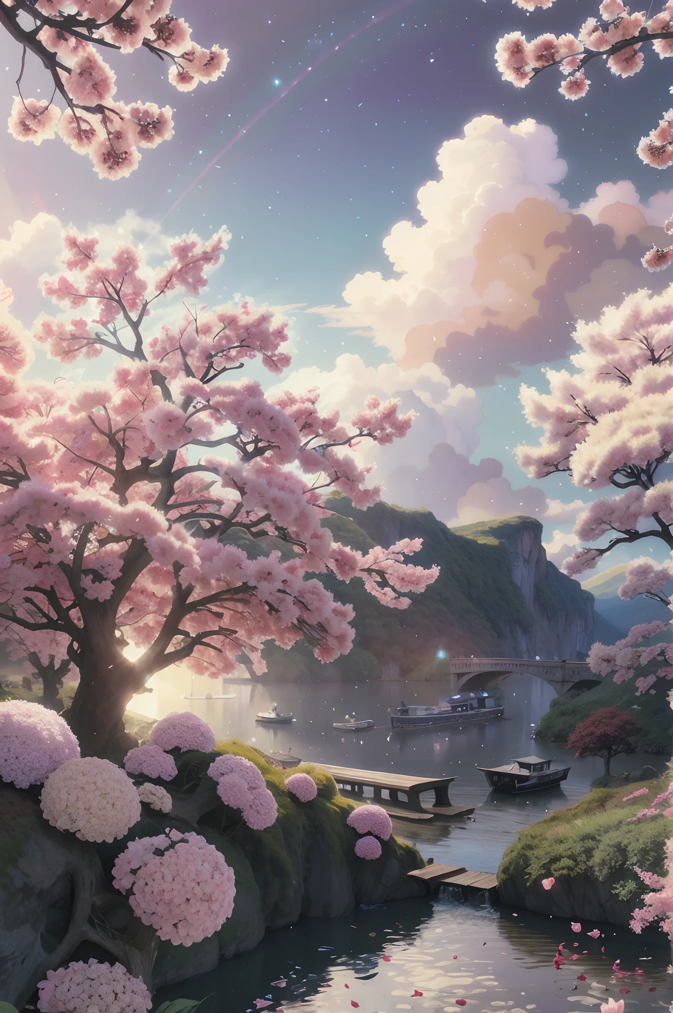 painting of a beautiful landscape with a river and a bridge, beautiful art uhd 4 k, anime beautiful peace scene, anime nature, anime art wallpaper 4k, cotton candy, fluffy, beautiful puffy drillhair woman, hydrangea, mock orange, fragrance, orange scent, cherry blossom, swirling cotton candy clouds, anime art wallpaper 4 k, scenery artwork, anime art wallpaper 8 k, anime landscape wallpaper, beautiful anime scenery, anime nature wallpap, beautiful anime scene, anime wallpaper 4k, anime style 4 k