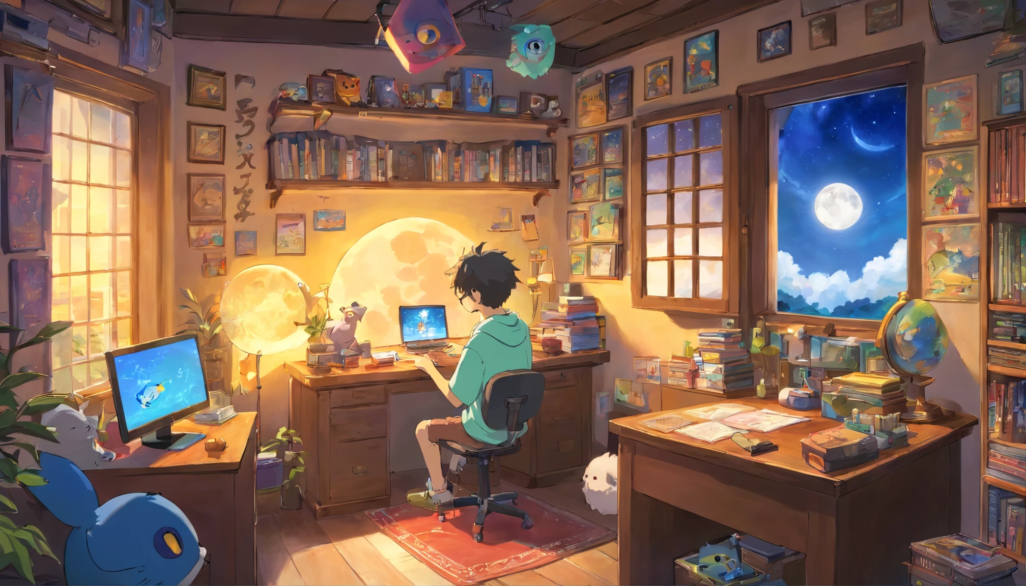 (masterpiece) a boy studying sitting in his room, over his desk, with headphones on, nerd decoration, pokémon plushies on the wall, posters, window showing the moon and stars, calm, peacefull, thinking