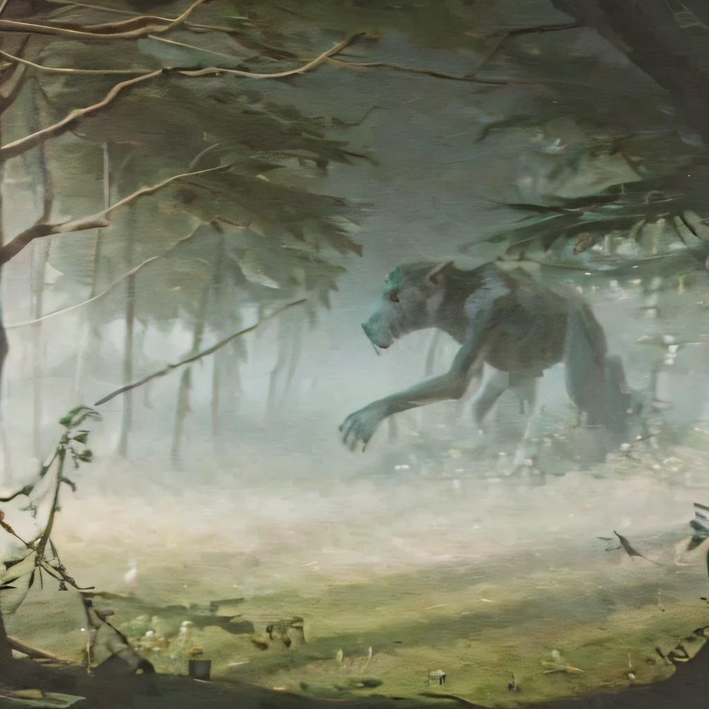 photo of an anomalous entity composed primarily of branches, vines, and moss. It is vaguely humanoid and has a wolf skull serving as its head which is covered in moss and vines. The anomalous entity lives in the heart of the amazon rainforest,, mist, realistic, found footage, hyperrealistic,