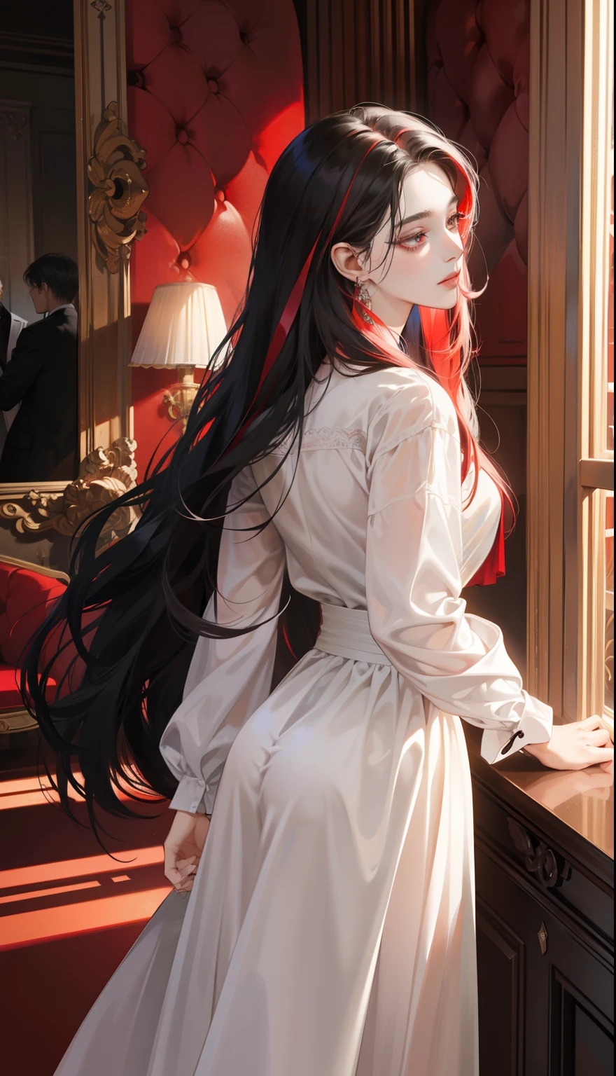 Elegant French style drape lang dress in crimson color、femele, Classical art、, Red highlights on black hair、disheveled long hair,Bewitching behavior、Side Camera Angle、sideways Facing、Take your eyes off、Red Eyeliner、long lashes,Dimly lit Gothic Room, Standing with a little attitude、Realistic smooth skin delicately expressed in every detail,Realistically reproduces muscle texture、Dim dance venue、some background blur