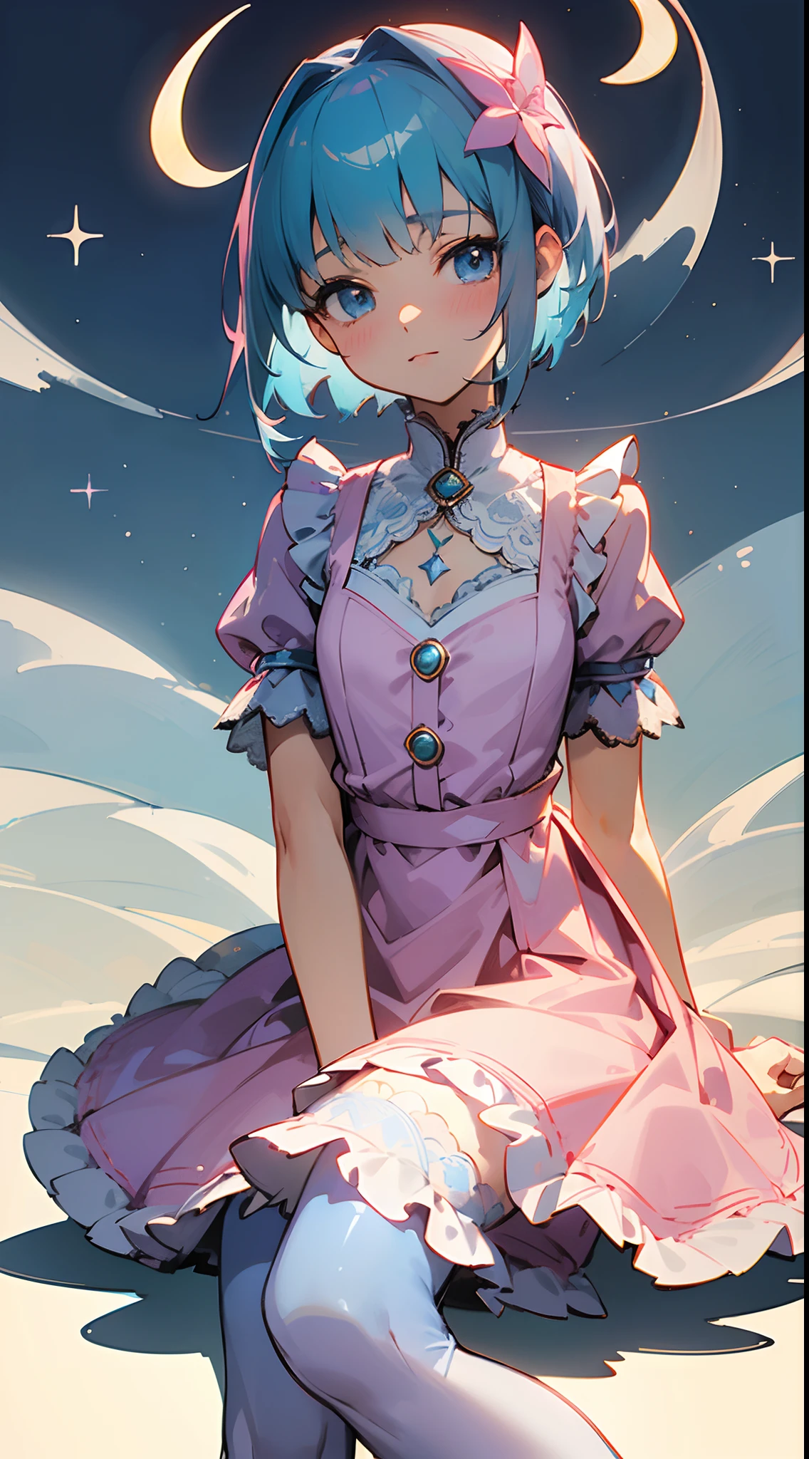 (masterpiece, best quality:1.3),beautiful detailed glow,best illuminate,(((best quality,textile shading,ultra detailed))),extremely detailed CG unity 8k wallpaper,Highly Detailed beautiful and aesthetic,best light,high resolution,detailed,dynamic lighting , 1Character , pastel washed out colors , cell shade , soft, muted shades ,gentle colors ,sword art online art style
A pastel pink, short-sleeved blouse with ruffled edges and a sweetheart neckline, adorned with small, shimmering star-shaped buttons, Over the blouse, she wears a sheer, baby blue, short pinafore dress with white lace trim, decorated with tiny, embroidered stars and crescent moons, Sakura sports a flared, knee-length skirt in a soft lavender hue, featuring layers of tulle and lace ruffles, creating a whimsical and girly look, She wears knee-high, pastel pink stockings with lace cuffs, paired with Mary Jane shoes in a matching hue, complete with cute bows on the straps,
Pretty girl ,very short hair , blue hair, a bob hair style , blue eyes , light skin , age 24