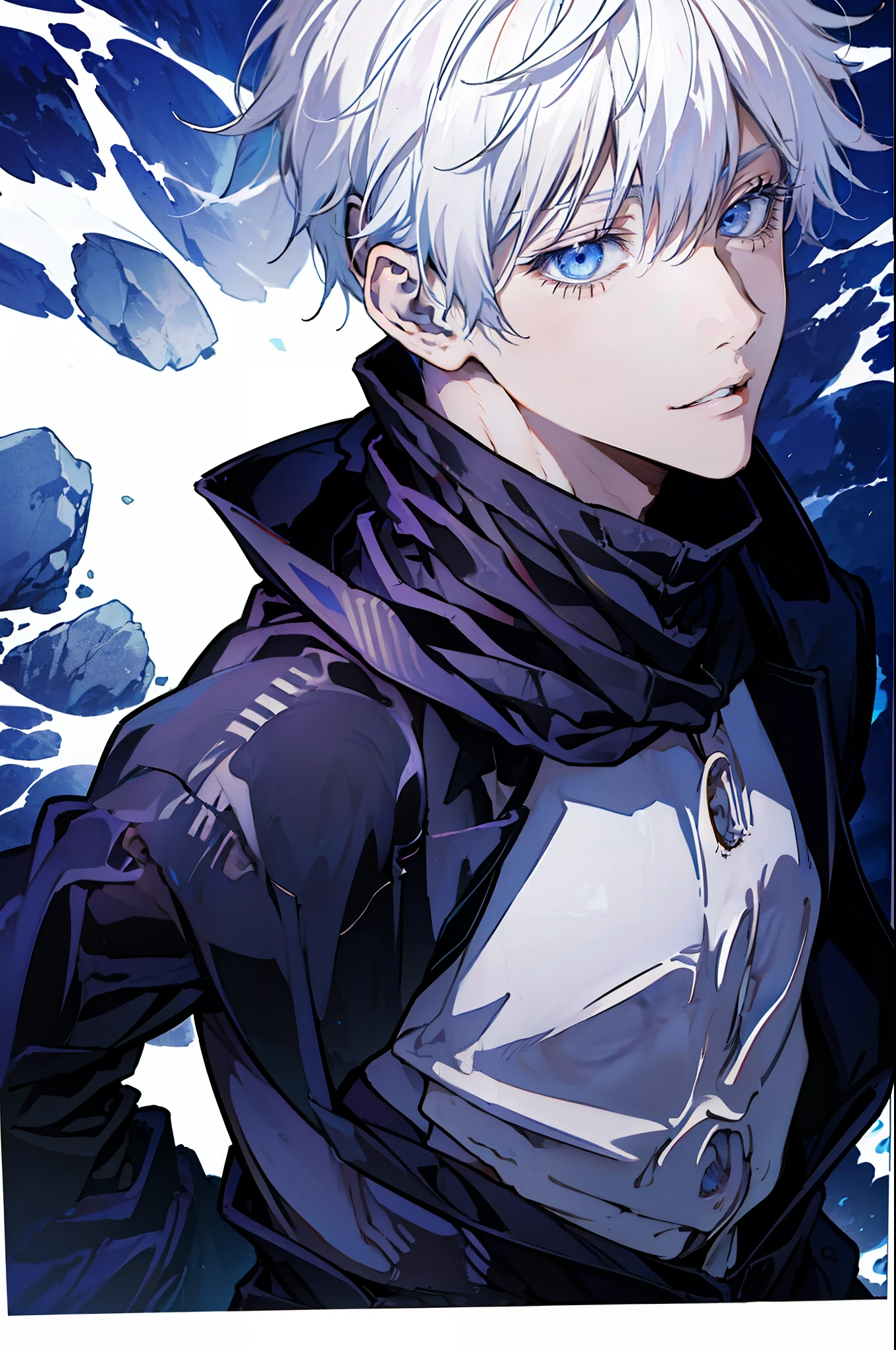 (absurdos, Altas Resoluciones, Ultra detallado, HDR), Obra maestra, nsfw, La mejor calidad, jujutsu kaisen, gojo satoru, 1hombre solamente en combate, guapo, pelo corto, cabello blanco, Ojos azules vibrantes, ojos finos y cara detalladas, (((Fuego, llamas, a su espalda)) Armadura, ((Arma intrincada)). Final Fantasy, abs, badass pose, Chico de anime con las manos agarrando su espada, pose de anime combatiendo, Anime hombre guapo, Personaje masculino de anime, Badass Anime 8K, Arte detallado del personaje de anime, Concepto de anime HDR Anime MacManus, Chico anime, Ikuto Yamashita, Anime CG arte suave, Fondo de pantalla de manga 4 k, inspirado por Yamagata Hiro, Wallaper de anime