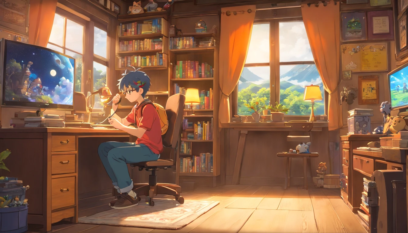 (masterpiece) a boy studying sitting in his room, over his desk, with headphones on, nerd decoration, pokémon plushies on the wall, posters, window showing the moon and stars, calm, peacefull, thinking, Unreal Engine 5, Cinematic, Color grading, Hyper-detailed, beautifully color-coded, insanely details, Intricate details, beautifully color-graded, illusory engine, editorial photography , photoshoot, Shot on 70mm lense, Depth of field, degrees of freedom, 32K, Hyper-Resolution,More detail