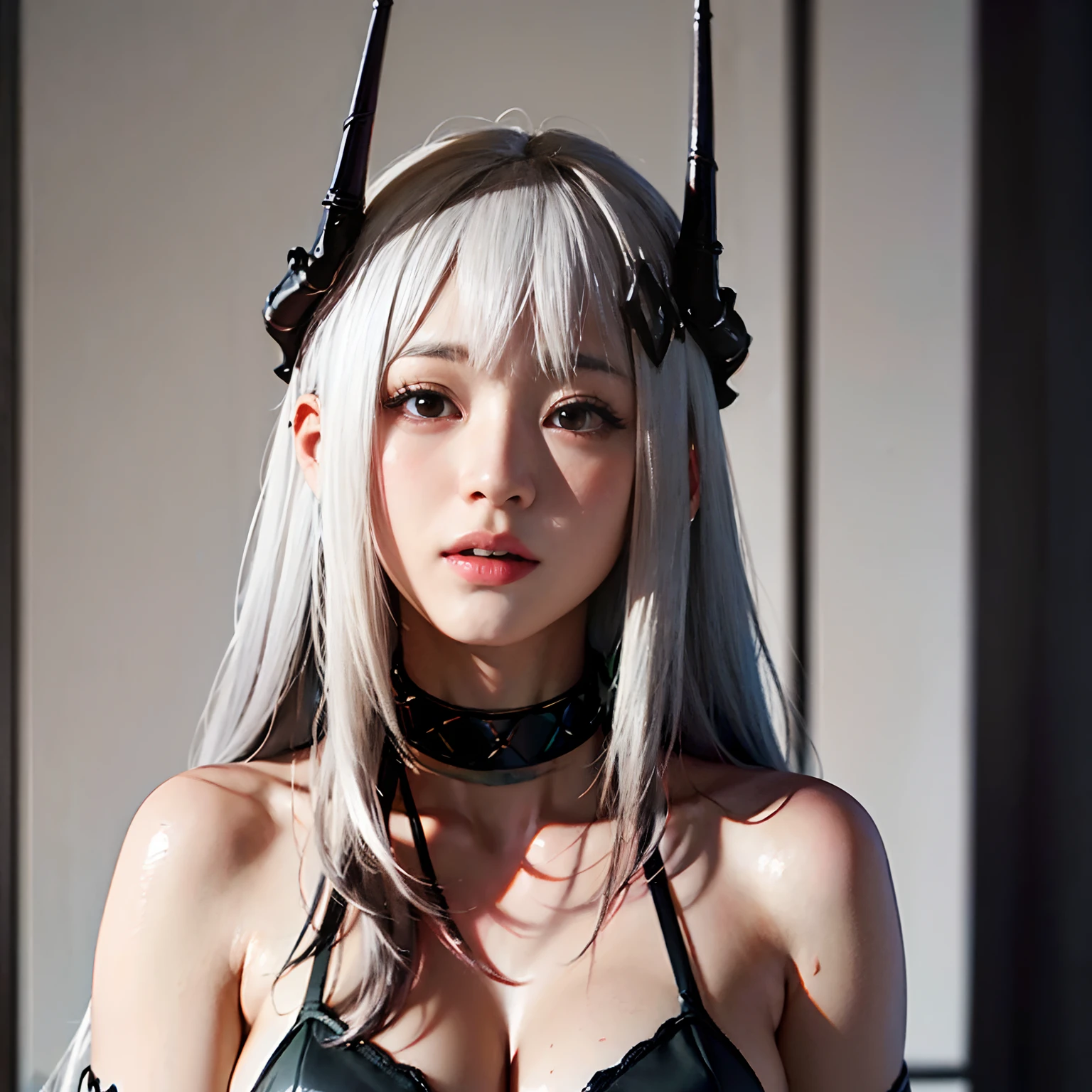 Lady with long white hair and bangs, red eyes, black horns, and black dress, Mudrock arknights, (masterpiece, top quality, best quality, official art, beautiful and aesthetic:1.2), (1girl), extremely detailed, colorful, highest detail, perfect face, HDR, (perfect anatomy), light leaks, warm colours, shiny skin best quality, masterpiece, (photorealistic:1.4), fancy room background, closed mouth, blushing face, pretty kiritani mirei face, thin grey eyebrows