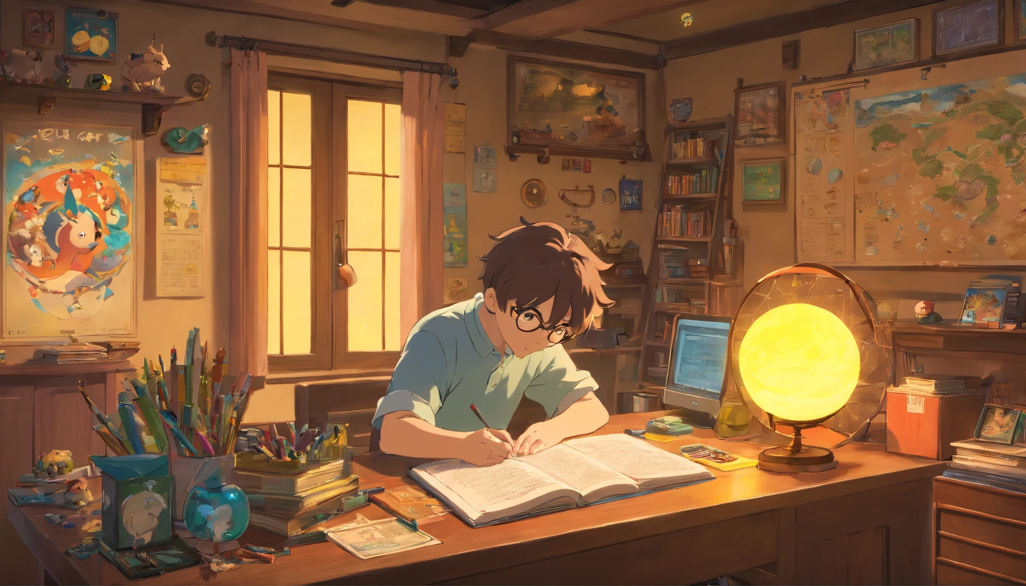 (masterpiece) a boy studying sitting in his room, over his desk, with headphones on, nerd decoration, pokémon plushies on the wall, posters, window showing the moon and stars, calm, peacefull, thinking, Unreal Engine 5, Cinematic, Color grading, Hyper-detailed, beautifully color-coded, insanely details, Intricate details, beautifully color-graded, illusory engine, editorial photography , photoshoot, Shot on 70mm lense, Depth of field, degrees of freedom, 32K, Hyper-Resolution,More detail