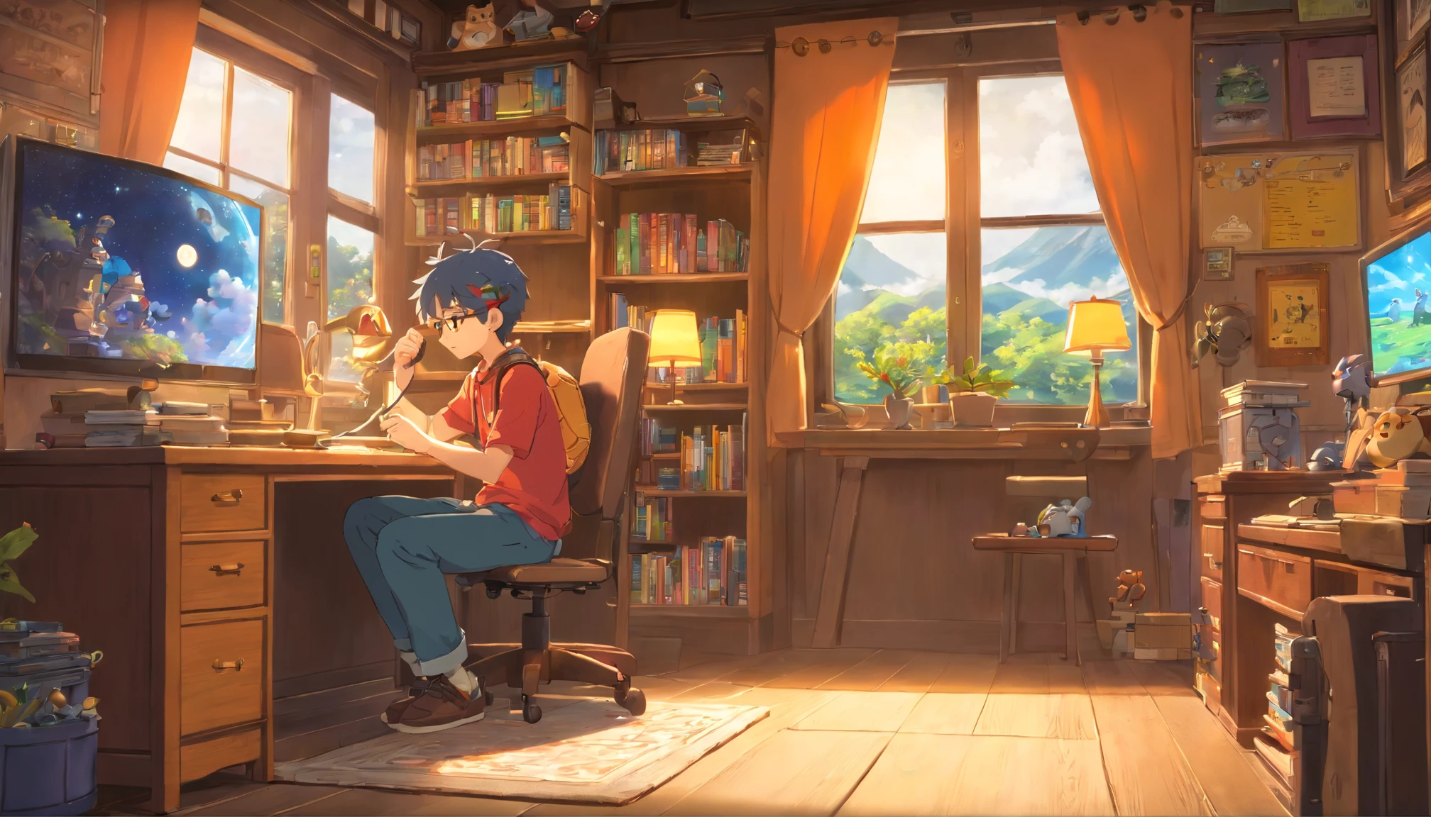 (masterpiece) a boy studying sitting in his room, over his desk, with headphones on, nerd decoration, pokémon plushies on the wall, posters, window showing the moon and stars, calm, peacefull, thinking, Unreal Engine 5, Cinematic, Color grading, Hyper-detailed, beautifully color-coded, insanely details, Intricate details, beautifully color-graded, illusory engine, editorial photography , photoshoot, Shot on 70mm lense, Depth of field, degrees of freedom, 32K, Hyper-Resolution,More detail