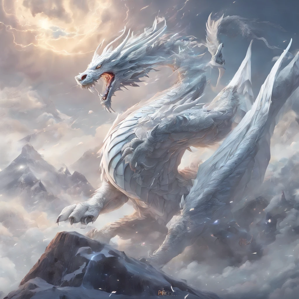 tmasterpiece、(white backgrounid:1)、White dragon surrounded by white clouds、Deities々Halo、ventania、Deities、Long wavy body、tusks、The upper part of the body、fanciful、mito、high high quality、The is very detailed、tmasterpiece、epic、Particle effect、Dynamic effects
