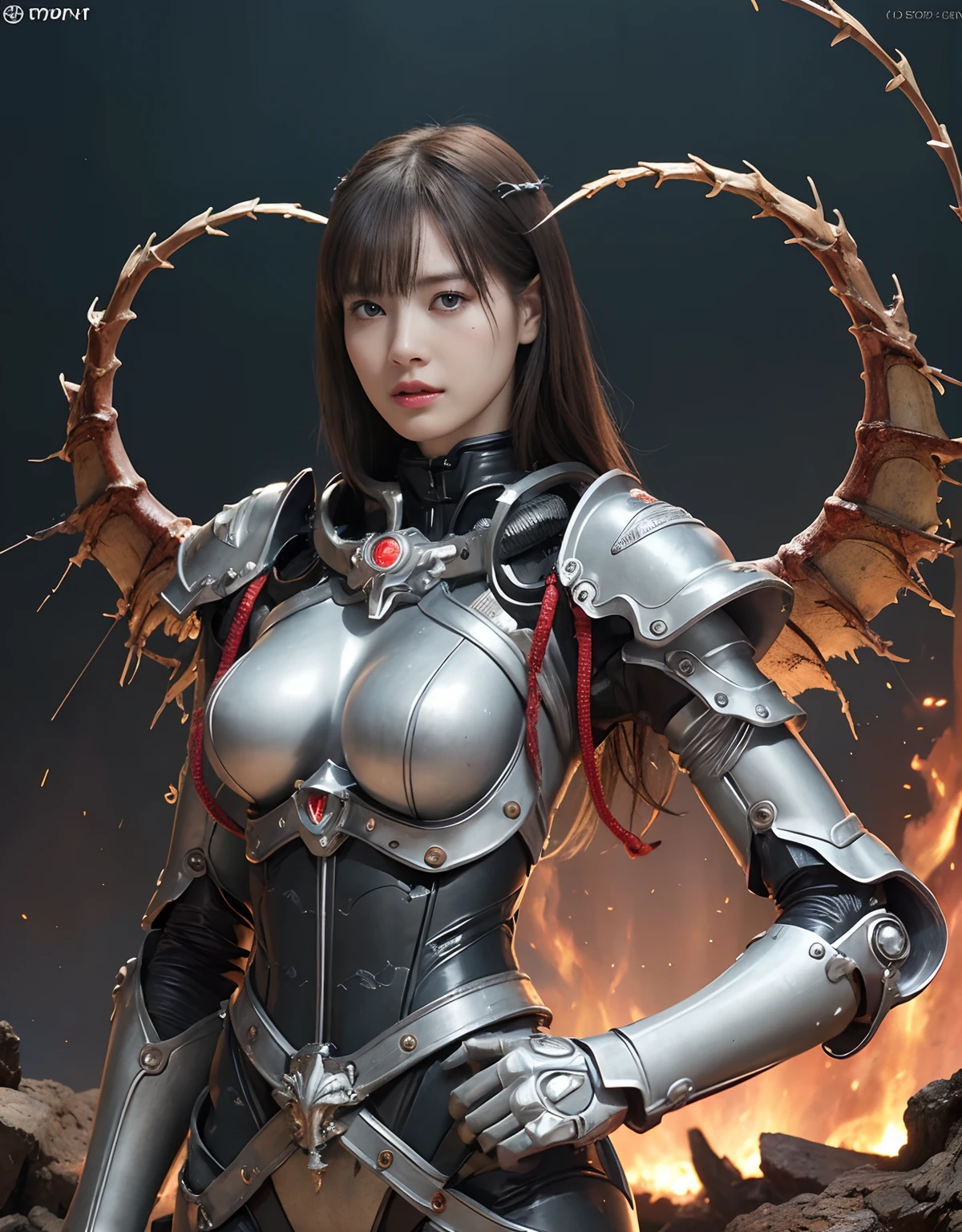 (One Knight Girl)、top-quality、​masterpiece、超A high resolution、(Photorealsitic:1.4)、Raw photo、女の子1人、Fight mutants、（Wear the Dark Knight's Armor）、glowy skin、(((Dark Fantasy)))、With a beautiful sword and shield、（Black Metal Bodysuit）、(Fight goblins、ogre、Fierce battle with orcs),（Fight fiercely against aliens）、Fight fiercely、(Skeleton collective background),(Background of decaying dungeon ruins)、（Skeleton helmet）、(Fighting Demonic Beasts)、(Small LED)、((super realistic details))、portlate、(Strong giant demon beast background),globalillumination、Shadow、octan render、8K、ultrasharp、Colossal tits、Raw skin is exposed in cleavage、metals、Details of complex ornaments、Japan details、highly intricate detail、Realistic light、(Mystical expression),CGSoation Trends、Red Eyes、radiant eyes、Facing the camera、neon details、(Mechanical limbs)、(blood vessels connected to tubes)、()、Gundam、Small LED、Toostock、（Fight aliens on another planet）、（Attack of the Monster Beasts）、（Wounded in a deadly battle）、