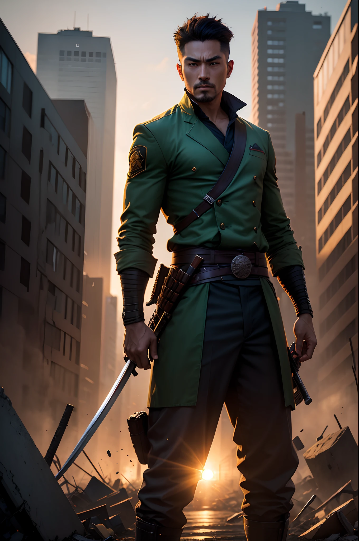 Man standing with a katana in a destroyed city, wearing a suit of warrior in the battlefield, the sun is just rising with a green light,