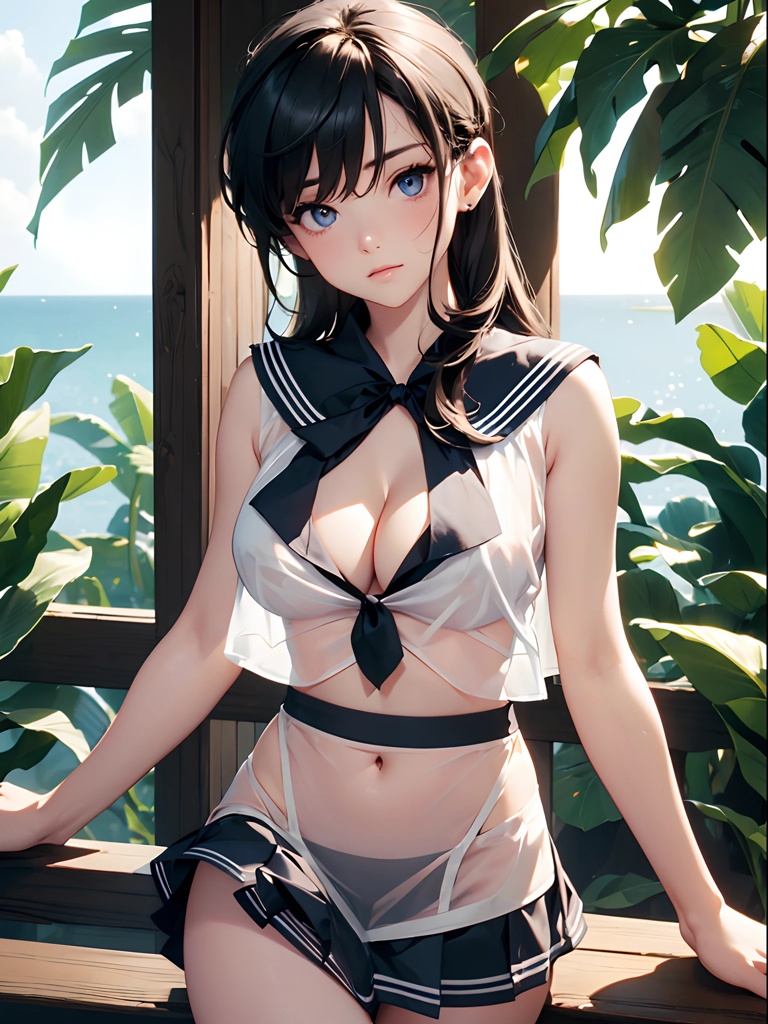 (((toppless))), (((sheer sailor  shirt , Sleeveless ))), (((Show off  cleavage))), (((Large breasts))), (((Open front))), (((Sheer Micro Mini Skirt))), Detailed beautiful eyes, (((Sunny))), extremely detailed CG unified 8k wallpaper, very fine 8KCG wallpaper, (​masterpiece, Best Quality), High resolution, Ultra-detailed, ultra-sharp, 1 girl, Naked, (((Sheer Micro Mini Skirt))), perfecteyes eyes