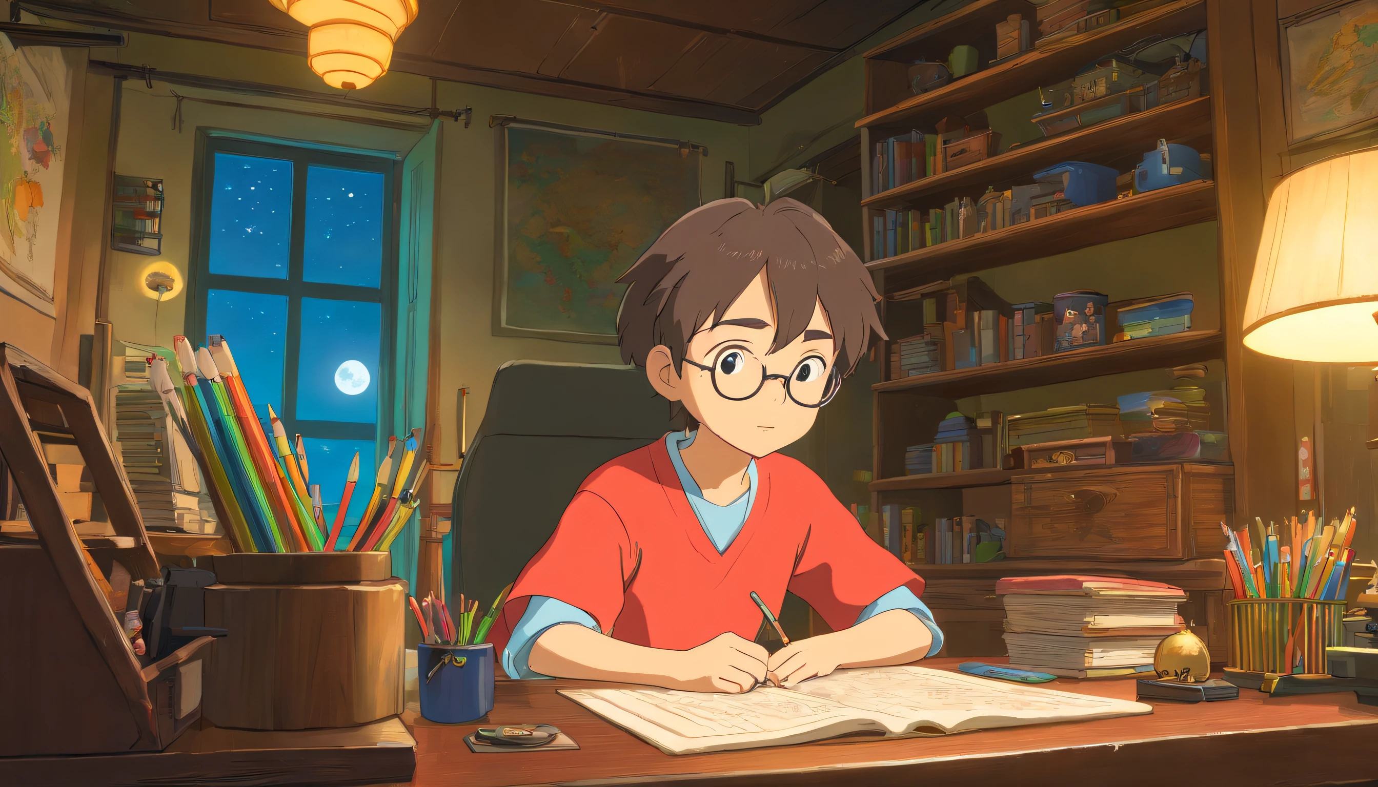 (masterpiece) a boy studying sitting in his room, very detailed face(Ultra photo realsisim,Hyper-detailing), over his desk, with headphones on, nerd posters, video game on the wall shelves, pencils on the desk, posters, window showing the moon and stars, calm, peacefull, thinking, Unreal Engine 5, Cinematic, Color grading, Hyper-detailed, beautifully color-coded, insanely details, Intricate details, beautifully color-graded, illusory engine, editorial photography , photoshoot, Shot on 70mm lense, Depth of field, degrees of freedom, 32K, Hyper-Resolution,More detail