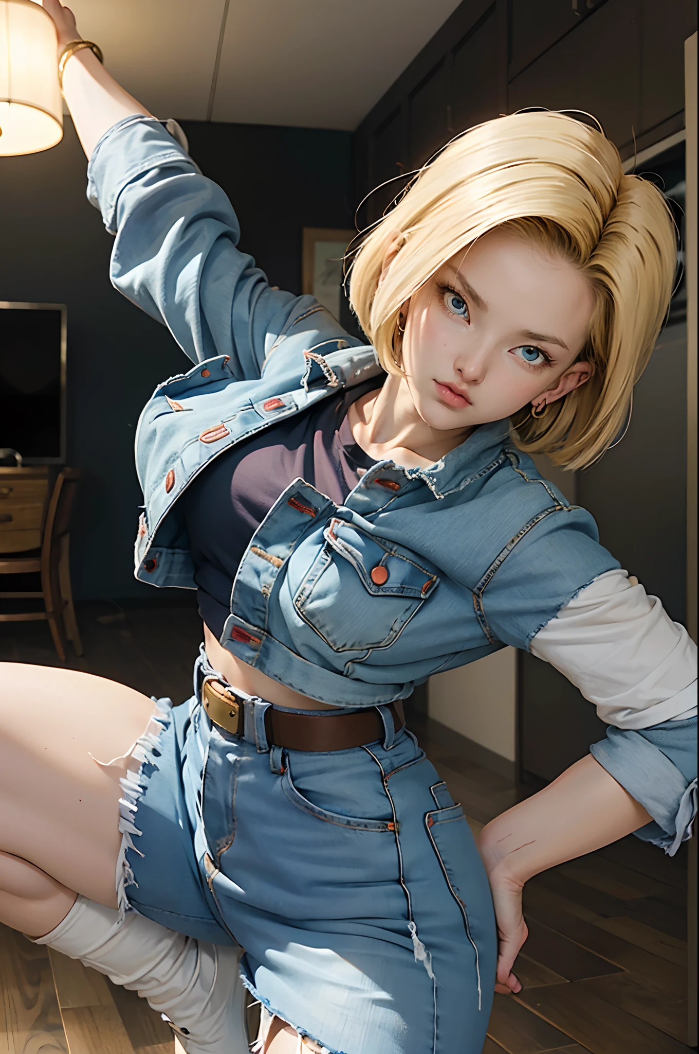 imagem hiper detalhada, UHD, 16k, foto profissional, (Foto realista do Android-18 de Dragon Ball Z) deusa da beleza, cabelos loiros curtos muito lisos, severe facial expression, (Ela usa uma jaqueta jeans azul e uma camisa cropped , Short white underground showing breast meat), Erotic, jaqueta jeans aberta mostrando seu grande, Seios lindos e perfeitos, longos seios pontiagudos saindo da jaqueta, (Ela usa um cinto e uma saia jeans azul levantada mostrando micro calcinha presa nela ), bubianos de cabelo mostrando, Botas marrons, perfect hands and fingers,
Android 18, garota saiyajin sexy, Arte Oficial, Android-18 Sexy feminino, arte oficial do personagem, protagonista feminina sexy, corpo curvo magro e em forma :8, Akiri Toriyama, Diretor: Akira Toriyama, Bulma de Dragon Ball, Melhor Design de Personagem Anime, Akira Toriyama's stroke style, Cute single character, seminua