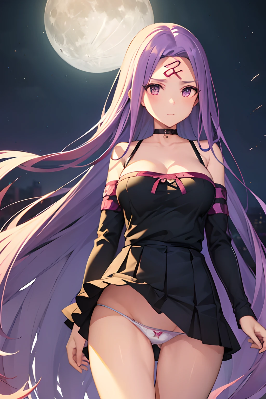 Best Quality, (masutepiece:1.2), Highly detailed,Fate/Stay in the background, Night, Cityscape, city, Moon, Blue theme,Medusa_nffsw,1girl in, Solo, Standing, Looking at the viewer, Closed mouth,absurdly long hair, Purple hair, Floating hair,Dress, Short dress, thighs thighs thighs thighs, Strapless, Detached sleeves, forehead mark, Choker, cleavage、Naughty big、large full breasts、(Skirt lift:1.3), (white panty:1.3)、(Skirt that rolls up:1.3)、(Fully exposed panties:1.5)