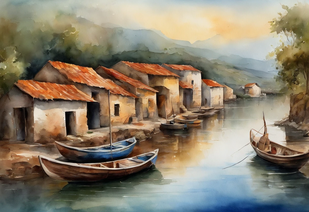 Scenery of an 18th-century fishing village, antigo Sul do Brasil、Mulher se abaixando para lavar roupa na parte rasa de um riacho、Palmeira、bananeiras、master part, best quality, 4k, 8k, Realistic、foto realista、.RAW, fotografia、fotografia, anatomia perfeita