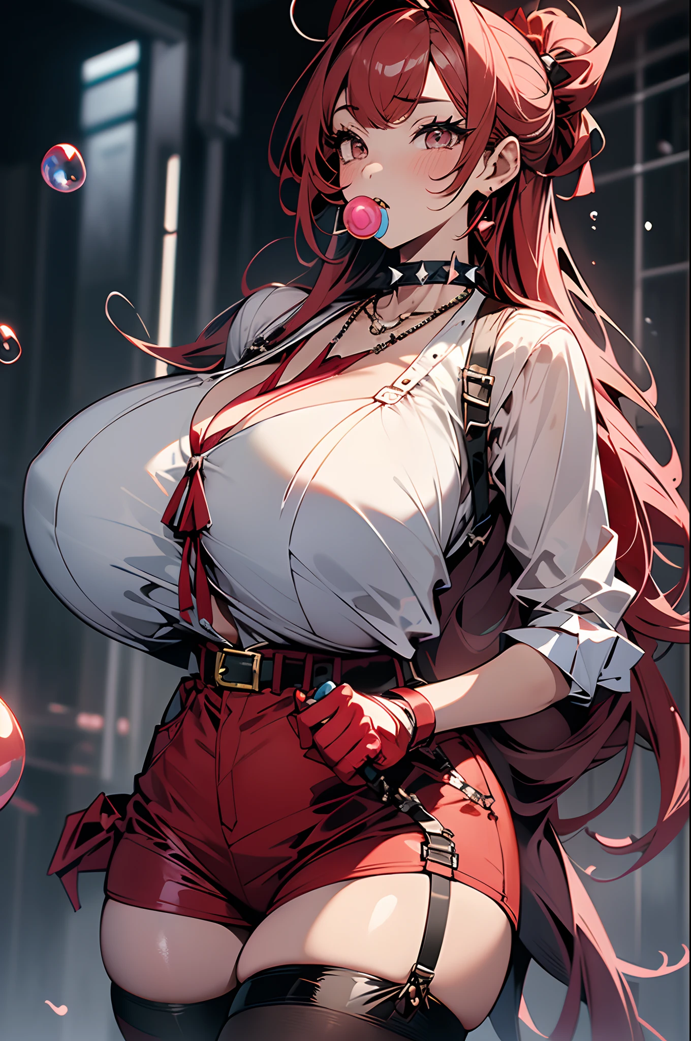 Masterpiece,Best quality,A high resolution,Cinematic lighting,Dramatic angle,1girll,Red hair,double tails,Red eyes,goggles,Hair ribbon,White shirt,clothing cutout,fishing nets,a garter belt,Blue shorts,poison fangs,Holding an iPhone,view the viewer,手拿手提包,belt,Huge breasts,Thick thighs,choker necklace,Spikes,cheerfulness,Close-up,Portrait,streetview,crowd,Stand by the wall,Shops,tiese,Blush,(Chew bubble gum, chew gum, chew gum:1.4),Skull decoration，((Huge breasts :1.5)）