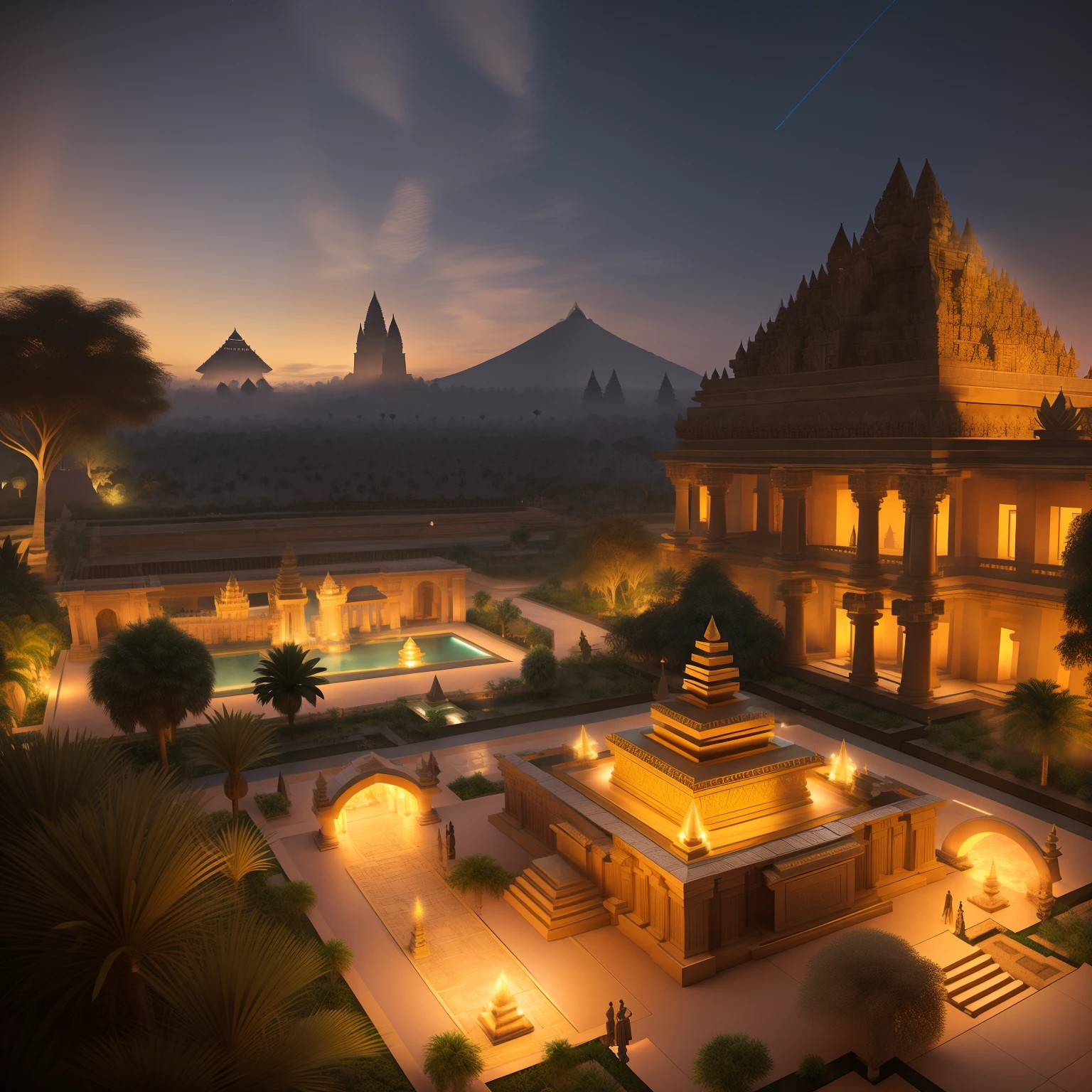 (ivory gold palace), daytime view of a courtyard with a fountain surrounded with greenery, pyramid ruins at sundown, prambanan temple setting, indonesian, ancient megastructure temple, glowing temple in the distance, a wide open courtyard in an epic, by Robert Koehler, pyramid, in a futuristic desert palace, 3 d render and matte painting, indonesian atmosphere