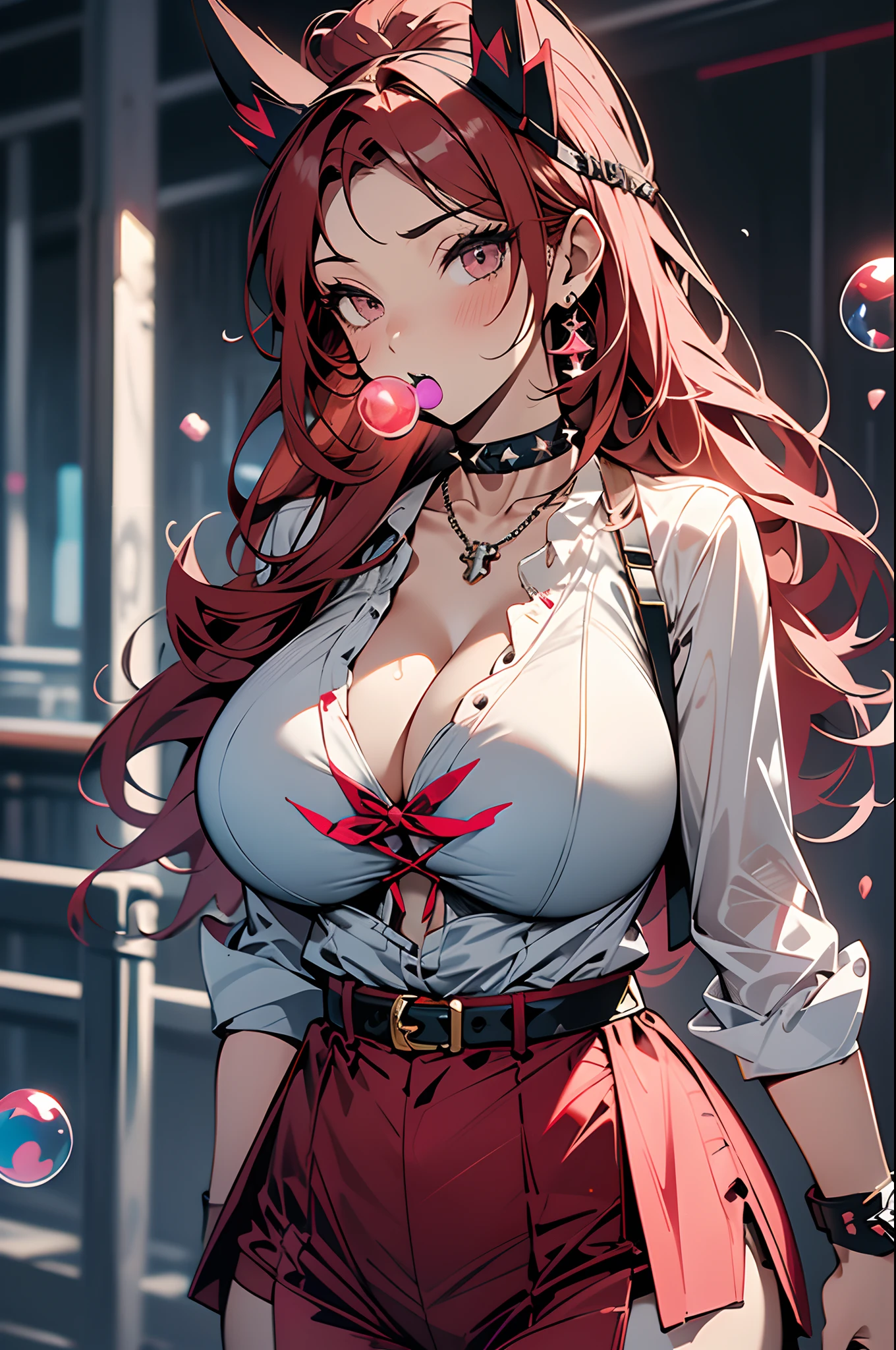 Masterpiece,Best quality,A high resolution,Cinematic lighting,Dramatic angle,1girll,Red hair,double tails,Red eyes,goggles,Hair ribbon,White shirt,clothing cutout,fishing nets,a garter belt,Blue shorts,poison fangs,Holding an iPhone,view the viewer,手拿手提包,belt,Huge breasts,Thick thighs,choker necklace,Spikes,cheerfulness,Close-up,Portrait,streetview,crowd,Stand by the wall,Shops,tiese,Blush,(Chew bubble gum, chew gum, chew gum:1.4),Skull decoration,((Huge breasts :1.5))