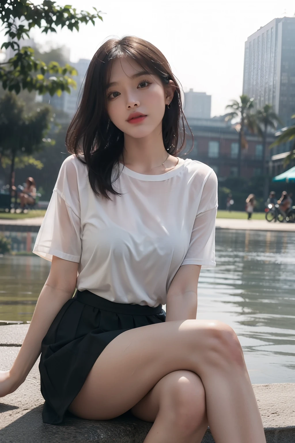 (full bodyesbian:1.5),(1girll:1.3),(view the viewer:1.4),(anatomy correct:1.4),(Sitting in the park in heavy rain:1.2),(Wearing mini skirt:1.2),(Accurate and perfect face:1.3),(Long legs:1.3),hyper HD, Ray traching, reflective light, structurally correct, Award-Awarded, High detail, Fade-in and fade-out shadow contrast, Face lighting ,Cinematic lighting, Masterpiece, super detailing, High quality, High detail, Best quality, 16k,High contrast,