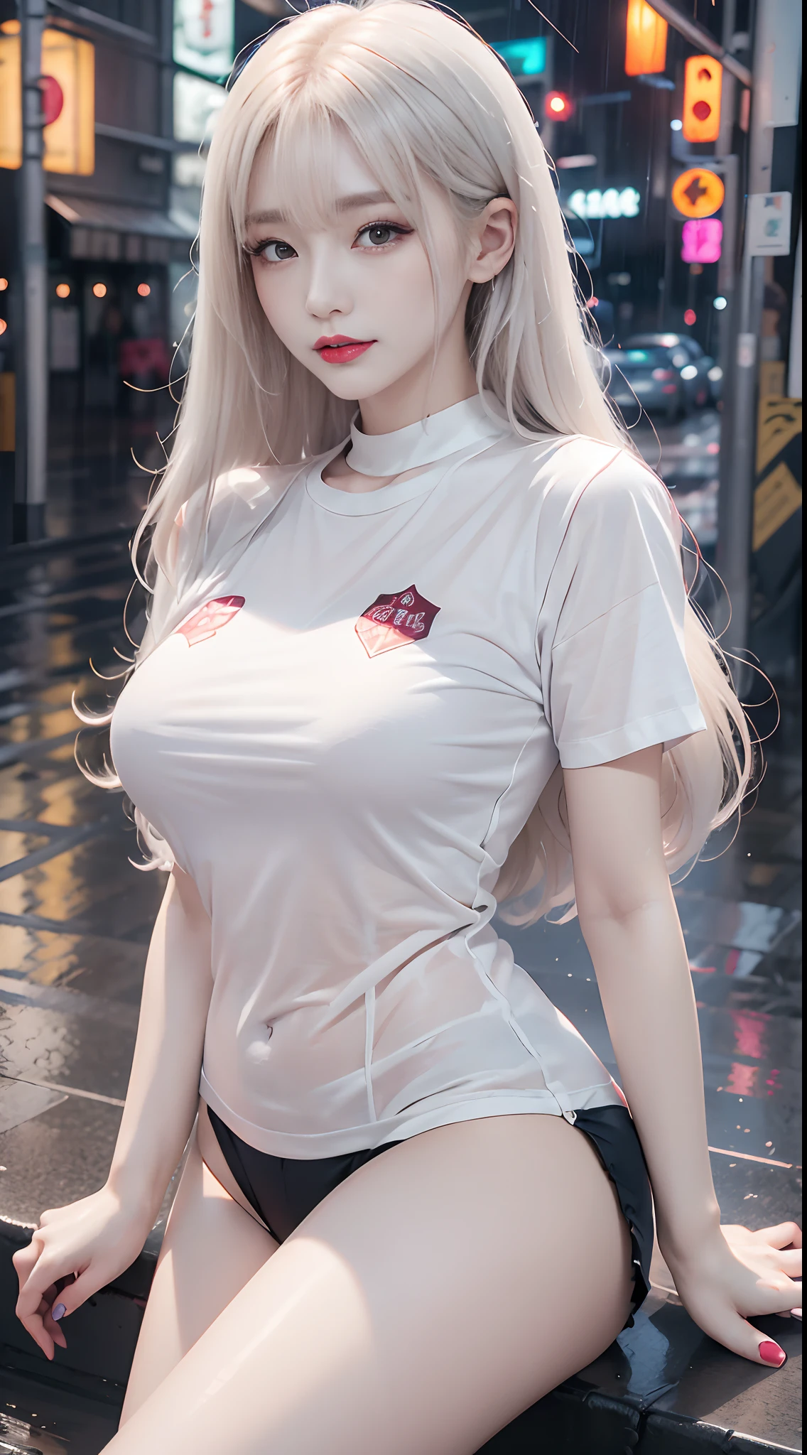 It was raining heavily, Best quality, 4K, 8K, Detailed faces, Beauty girl, Korean makeup, Red lips, Kaihuai, Perfect body, Medium breasts, upper legs, Platinum hair, Girl in long t-shirt, T-shirts only, and thigh T-shirts, thin tshirt, T-shirt underwear, streetview,