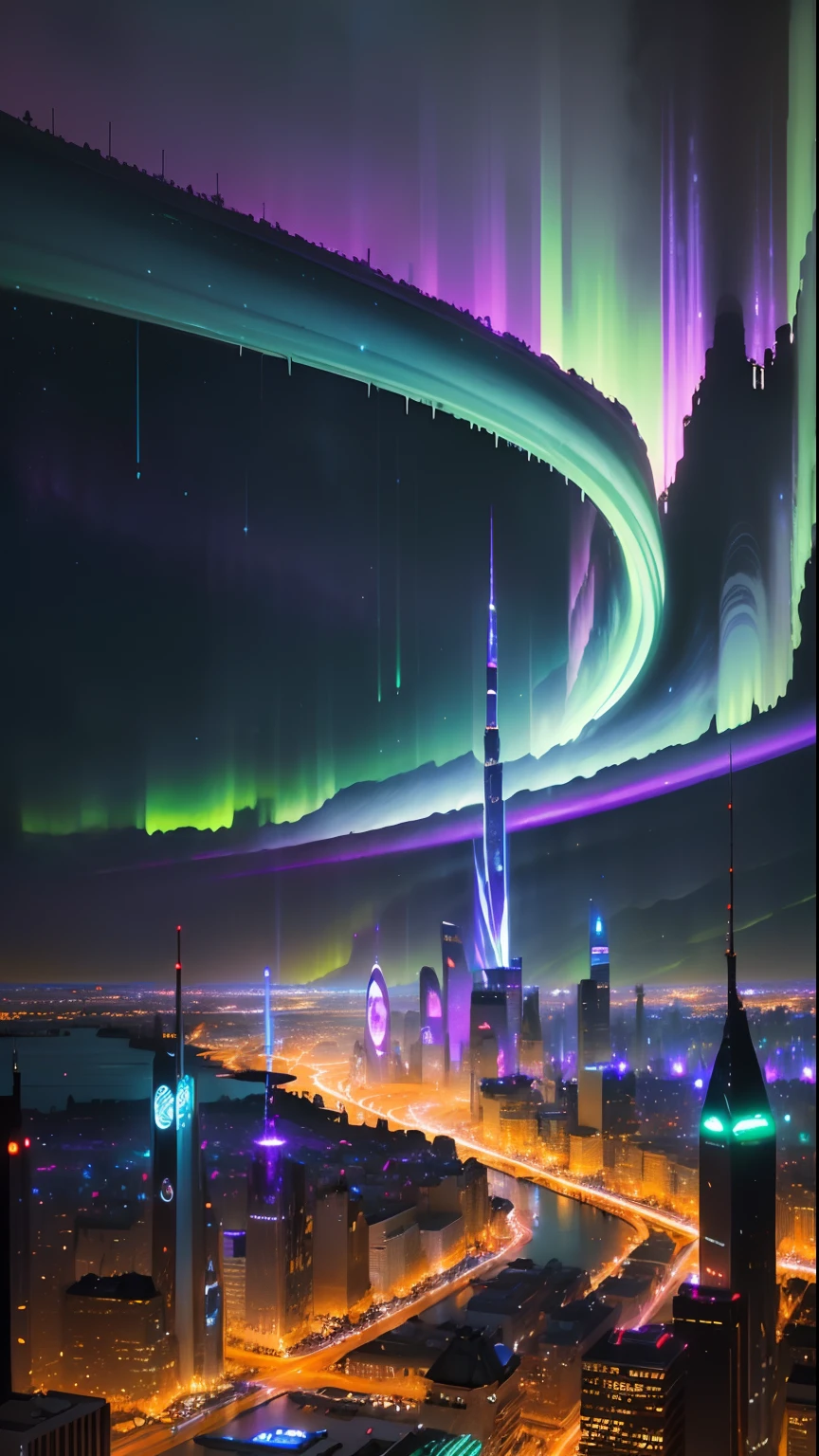 best quality,4k,8k,highres,masterpiece:1.2,ultra-detailed,realistic:1.37,city at night,aurora borealis,pulsating lights,impressive skyscrapers,futuristic architecture,flying cars,hovering drones,neon signs,reflection on water,star-filled sky,glowing windows,light trails,metropolis,vibrant colors,shimmering aurora,interstellar atmosphere,dynamic composition,majestic cityscape,surreal beauty,electric energy,dreamlike ambiance,magical skyline,luminous glow,sci-fi elements,enchanted futuristic city,cosmic rays,nighttime illumination,lively atmosphere,awe-inspiring spectacle