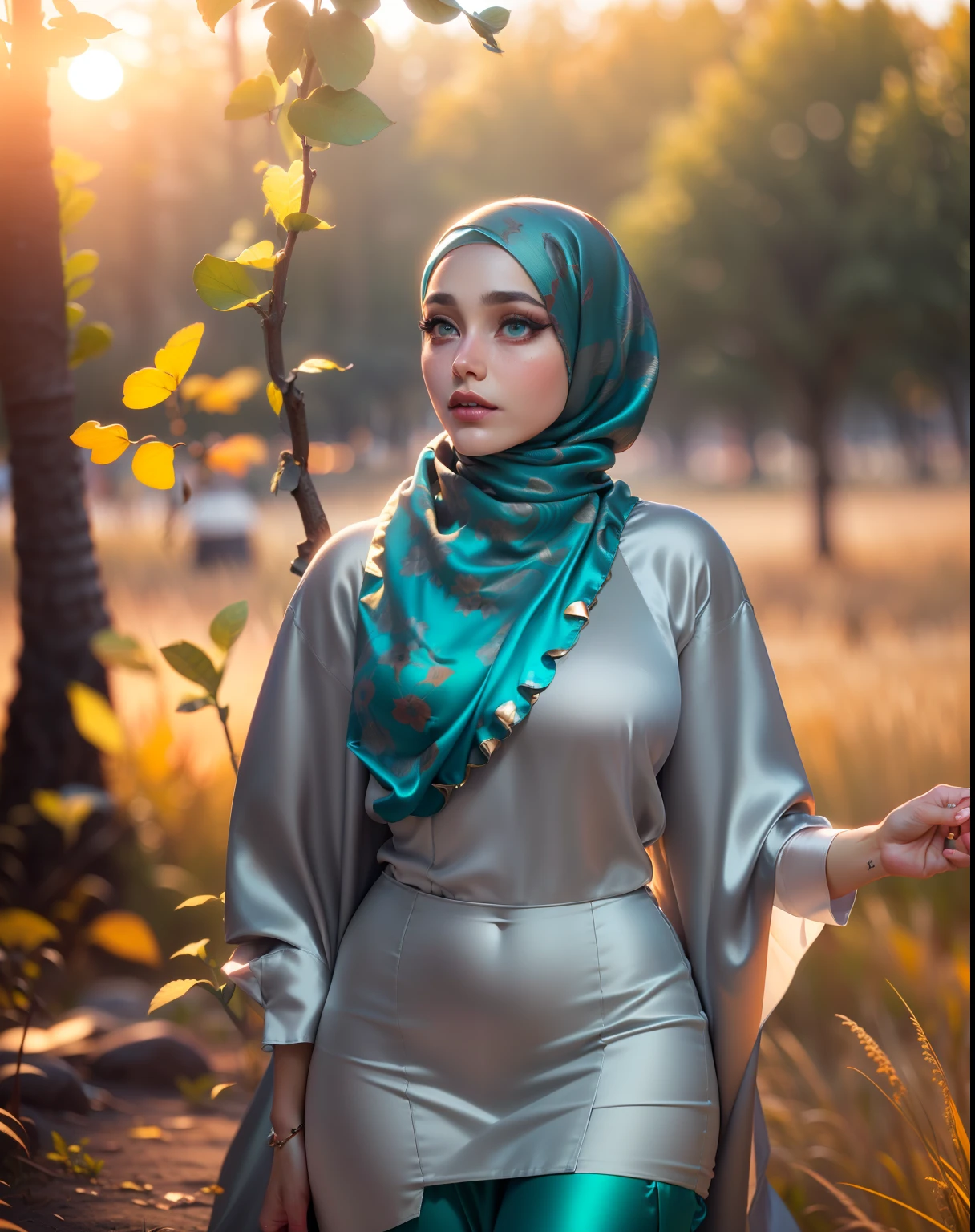 3DMM, ((Masterpiece, best quality, photography, detailed skin, realistic, photo-realistic, 8k, highly detailed, full length frame, High detail RAW color art, diffused soft lighting, shallow depth of field, sharp focus, hyperrealism, cinematic lighting, hijab, a woman in a beautifully makeup, smokey eyeshadow, beautiful big eyes, long eye lashes, wearing (aqua satin hijab), loosely tide hijab style, ((gray satin shirt)), satin long maxi skirt, walking in the middle of the meadow, The background is the village, sunset, orange teal colour grading
