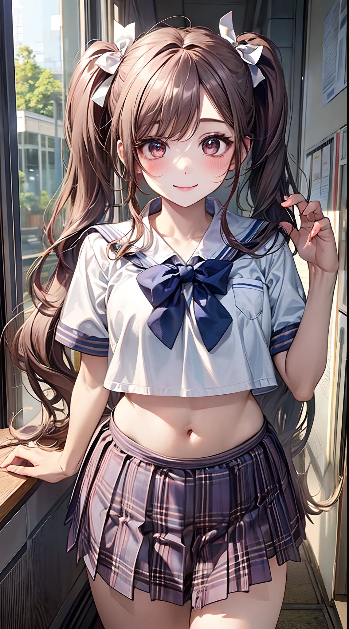 1 girl, japanese, 14 years old, white skin, medium chest, watching the view, (smile:1.5), 
beautiful detailed eyes, (long hair:1.4, twintails:1.7), (navel:1.1)
(kawaii school uniforms:1.5), 
day time, schools, (homeroom:1.5), 
(8k, maximum quality, masterpiece:1.2​), (realstic, photorealistic:1.37), ultra-detail,