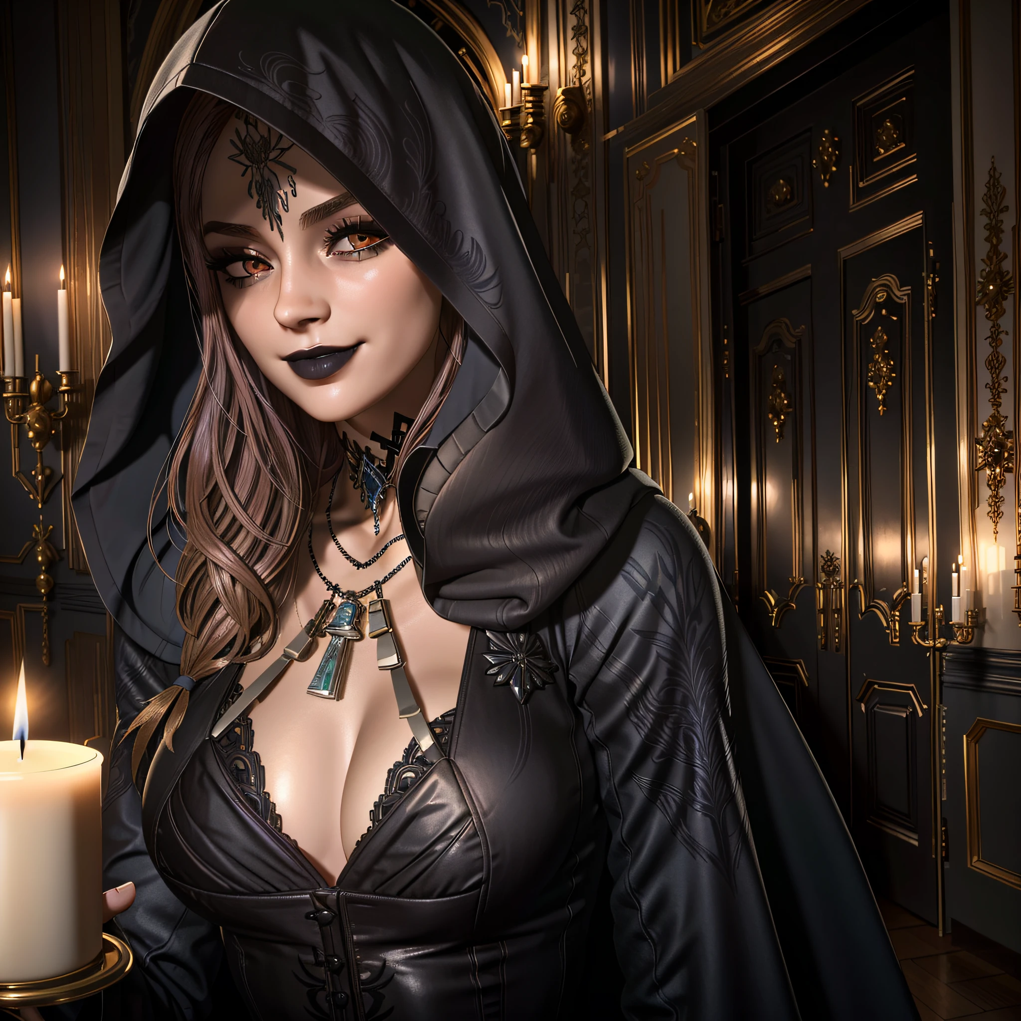 (masterpiece, best quality)
DanielaDimitrescu, 1girl, solo, long hair, breasts, smile, large breasts, cleavage, jewelry, medium breasts, upper body, indoors, hood, necklace, bra, lips, makeup, lipstick, candle, gothic, black lips