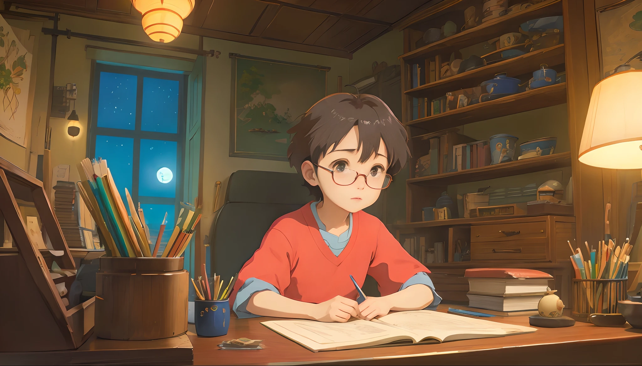 Anime character sitting at a table with a book and a lamp, Official Studio Ghibli Still, studio ghibli artstyle, estilo anime ghibli studio, No filme de anime Studio Ghibli, Estilo de arte Ghibli, anime oficial ainda, Estilo no estilo anime ghibli, Ghibli Studio Style, miyazaki's animated film, Estilo de Arte Studio Ghibli, Ghibli Film Studio still, Greg Rutkowski Studio Ghibli