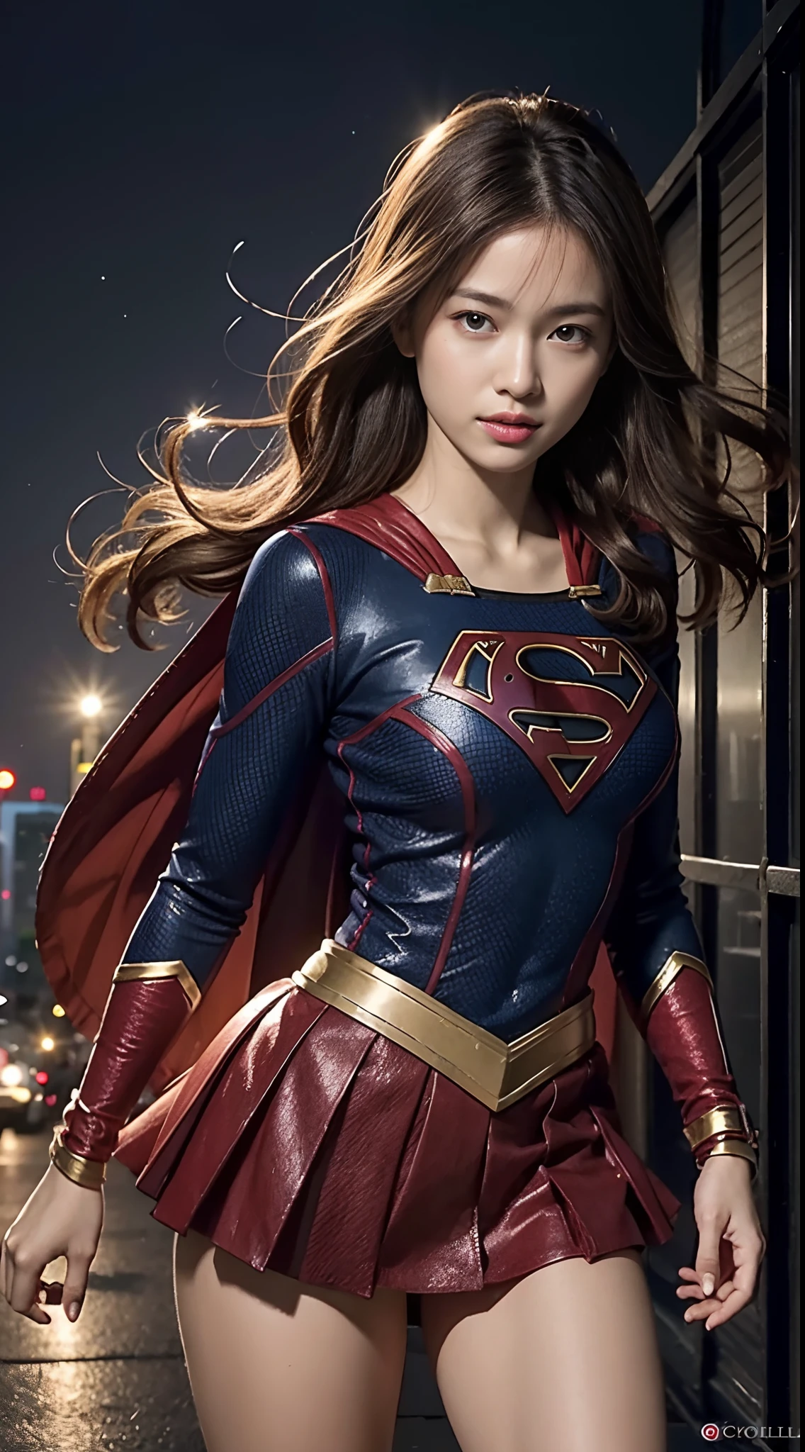 (Photorealistic:1.37), Highest Quality, masutepiece, 超A high resolution, Healthy skin tone, BREAK, Solo, Cinematic, fighting poses, (She wears DC's Supergirl costume suit:1.2), S mark on chest, Red short skirt, Long Red Cloak, A fearless smile appears on her beautiful face, Elegant, Light brown short hair, Beautiful body like a supple athlete, Very glittery oily skin, Large breasts, Big hips, plein air, Skyscraper Area, BREAK, Highly detailed beautiful eyes and face, Detailed fabric texture, Insanely detailed realistic skin texture, (Correct body balance), Top-quality lighting that doesn't darken your face when backlit