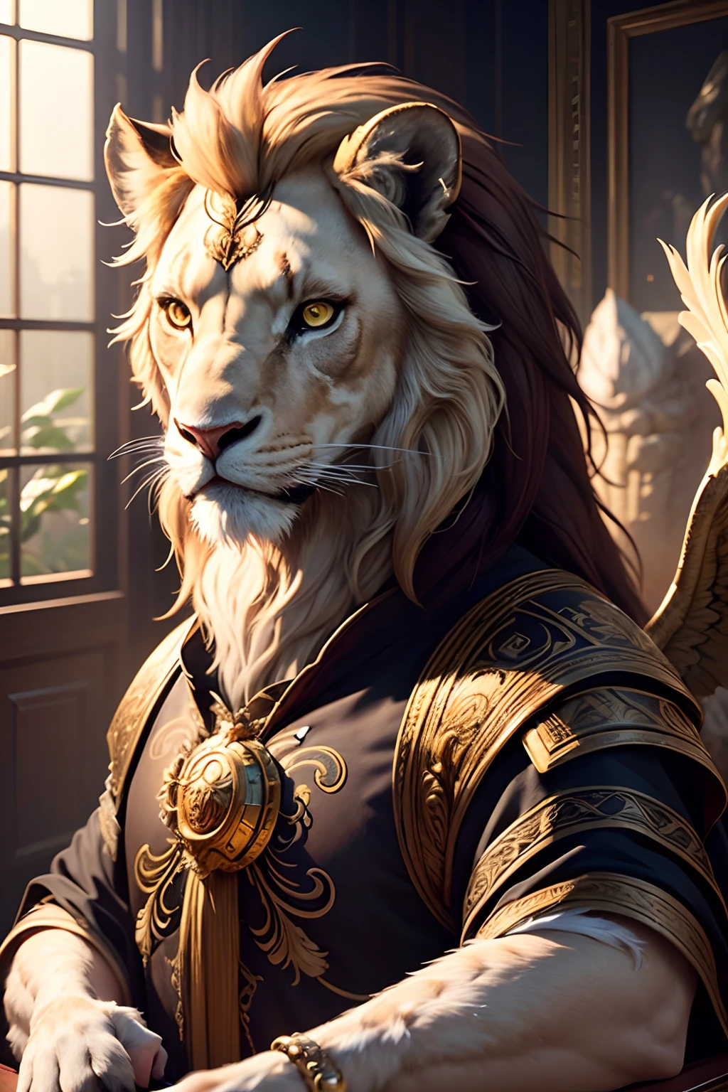 Masterpiece, top quality, super detailed, highly detailed CG unified 16k wallpaper , cinematic light, official art, chimera, lion body, goat head, snake tail, griffon wings, realistic degree, realistic masterpiece, masterpiece artwork, elaborate details, detailed painted background, depth of field, , elaborate details, , realistic lighting, (realistic perspective)