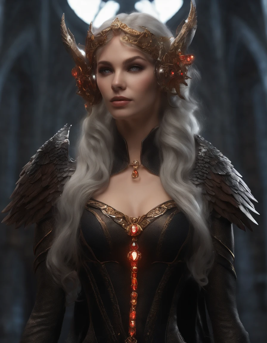 (Many award-winning masterpieces,The details are incredible, textures and maximum detail), (Hyper-realistic: 1.4), (Realistic: 1.3), ((((Front bust)))))(cyber punk perssonage),Wings,Castle building,Mechanical dare,midriff expposed, A combination of futuristic technology and magic,(Highest quality authentic textured skin), Fantasy theme, Black clothes, Black cloak, Network elements, Red light, Blue light, finerly detailed face, ((medieval world)),A close-up of a woman,(Lord's Flame Demon)), (((Lord's Hellfire Demon))) (With a mischievous smile on his face), (Glowing eyes in the dark: 1.5), (A pair of black eyes,A strong red light is emitted from the inside) :1.5), (full-body standing image: 1.5), (Dramaticlight), Wings, (A majestic sight), (Her face is gentle and beautiful, but somehow terrifying), Ears Wear glass earrings, (Dramatic photo: 1.4), (Full body portrait: 1.5), ((dramatic pose)), (blond hairbl), (Silver hair), (Maroon hair), Short hair, ((Looking up)) , ((Look down)), (A simple necklace of exquisite workmanship hangs around the neck), (Bioluminescence that emits a bright glow: 1.3), (Use gorgeous fire magic: 1.2), (swirling fire), Devil's Cathedral, The Devil's Grand Shrine, great temple, great cathedral, Temple ruins, Freestanding temple, (Luminous magic circle), Ancient Castle Site, Shine majestic clouds and sky, Lightning, Epic reality, fading, art, (greg rutkovsky: 0.8), (Teal and orange: 0.4), (art stations: 1.5), Cinematic, ((com cores neutras)), (hdr: 1.5), (Pastel colors: 1.2), Ultra detailed, Dramaticlight, (complexdetails: 1.1), the complex background,