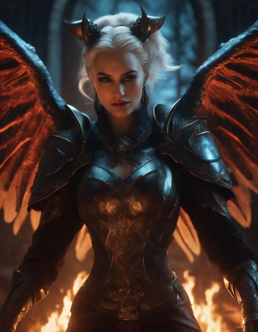 (Many award-winning masterpieces,The details are incredible, textures and maximum detail), (Hyper-realistic: 1.4), (Realistic: 1.3), ((((Front bust)))))(cyber punk perssonage),Wings,Castle building,Mechanical dare,midriff expposed, A combination of futuristic technology and magic,(Highest quality authentic textured skin), Fantasy theme, Black clothes, Black cloak, Network elements, Red light, Blue light, finerly detailed face, ((medieval world)),A close-up of a woman,(Lord's Flame Demon)), (((Lord's Hellfire Demon))) (With a mischievous smile on his face), (Glowing eyes in the dark: 1.5), (A pair of black eyes,A strong red light is emitted from the inside) :1.5), (full-body standing image: 1.5), (Dramaticlight), Wings, (A majestic sight), (Her face is gentle and beautiful, but somehow terrifying), Ears Wear glass earrings, (Dramatic photo: 1.4), (Full body portrait: 1.5), ((dramatic pose)), (blond hairbl), (Silver hair), (Maroon hair), Short hair, ((Looking up)) , ((Look down)), (A simple necklace of exquisite workmanship hangs around the neck), (Bioluminescence that emits a bright glow: 1.3), (Use gorgeous fire magic: 1.2), (swirling fire), Devil's Cathedral, The Devil's Grand Shrine, great temple, great cathedral, Temple ruins, Freestanding temple, (Luminous magic circle), Ancient Castle Site, Shine majestic clouds and sky, Lightning, Epic reality, fading, art, (greg rutkovsky: 0.8), (Teal and orange: 0.4), (art stations: 1.5), Cinematic, ((com cores neutras)), (hdr: 1.5), (Pastel colors: 1.2), Ultra detailed, Dramaticlight, (complexdetails: 1.1), the complex background,