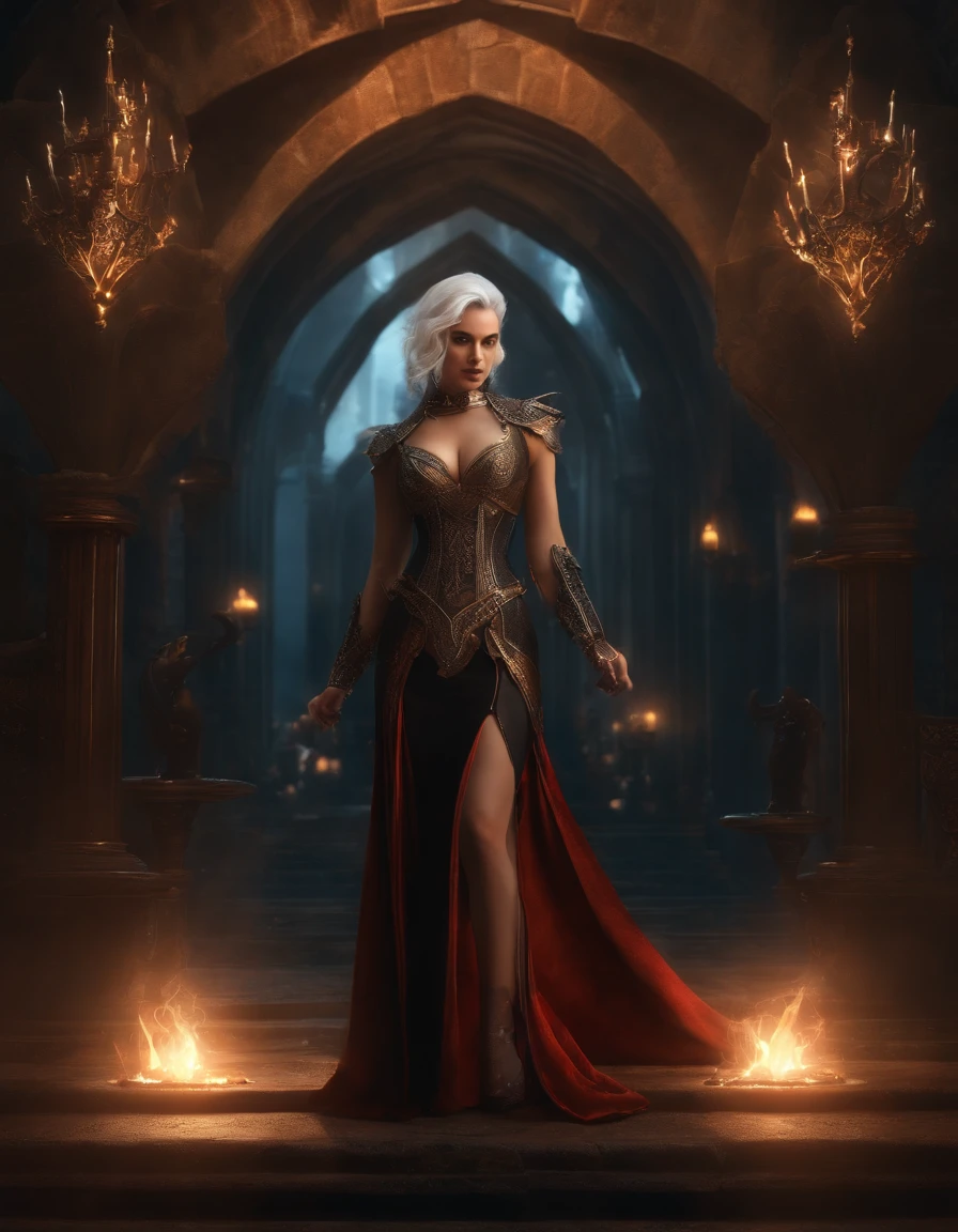 (Many award-winning masterpieces，The details are incredible, textures and maximum detail), (Hyper-realistic: 1.4), (Realistic: 1.3), ((((Front bust)))))（cyber punk perssonage），Wings，Castle building，Mechanical dare，midriff expposed, A combination of futuristic technology and magic，(Highest quality authentic textured skin), Fantasy theme, Black clothes, Black cloak, Network elements, Red light, Blue light, finerly detailed face, ((medieval world)),A close-up of a woman，(Lord's Flame Demon)), (((Lord's Hellfire Demon)))  (With a mischievous smile on his face), (Glowing eyes in the dark: 1.5), (A pair of black eyes，A strong red light is emitted from the inside) :1.5), (full-body standing image: 1.5), (Dramaticlight), Wings, (A majestic sight), (Her face is gentle and beautiful, but somehow terrifying), Ears Wear glass earrings, (Dramatic photo: 1.4), (Full body portrait: 1.5), ((dramatic pose)), (blond hairbl), (Silver hair), (Maroon hair), Short hair, ((Looking up)) , ((Look down)), (A simple necklace of exquisite workmanship hangs around the neck), (Bioluminescence that emits a bright glow: 1.3), (Use gorgeous fire magic: 1.2), (swirling fire), Devil's Cathedral, The Devil's Grand Shrine, great temple, great cathedral, Temple ruins, Freestanding temple, (Luminous magic circle), Ancient Castle Site, Shine majestic clouds and sky, Lightning, Epic reality, fading, art, (greg rutkovsky: 0.8), (Teal and orange: 0.4), (art  stations: 1.5), Cinematic, ((com cores neutras)), (hdr: 1.5), (Pastel colors: 1.2), Ultra detailed, Dramaticlight, (complexdetails: 1.1), the complex background,