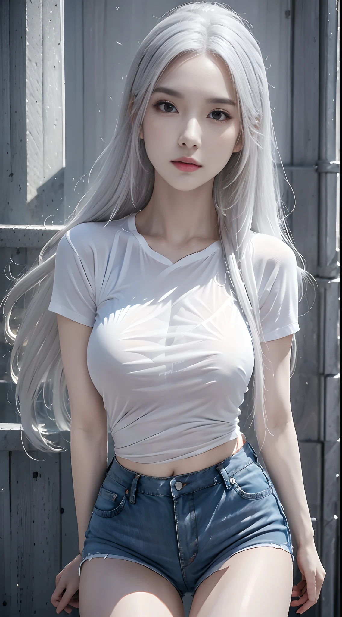 It was raining heavily, Best quality, 4K, 8K, Detailed faces, Beauty girl, Korean makeup, Kaihuai, Perfect body, Medium breasts, upper legs, Platinum hair, Girl in long t-shirt, T-shirts only, and thigh T-shirts, thin tshirt, T-shirt underwear, streetview,