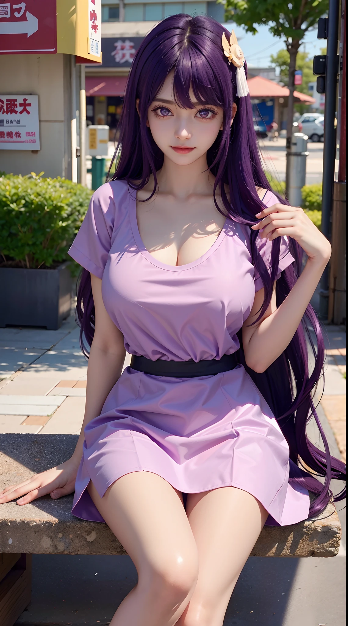 (Masterpiece: 1.3), Best Quality, Ultra High Resolution, 1girl, (big boobs:1.1), (purple hair, long hair, purple eyes, hair ornament) ((girl HoshinoAi)) perfect eyes, has an extremely sexy body , with full breasts and a thin waist, and an extremely sexy body, pink shirt, shirt, bangs, pul dress, has a bold look. young, quality, Ultra high Detail, realistic, cute expression, shy smile, calm, convenience store, street, city, (sit down)