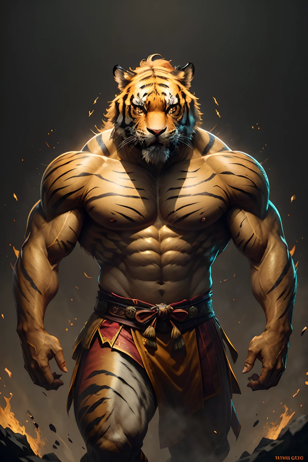 (Detailed description of a Tiger in a meditative pose at a temple)

A majestic tiger, its golden fur glowing in the soft temple light, sits in a serene meditation pose. Its powerful muscles are relaxed, yet taut with the underlying strength and agility that defines its kind. With a calm and focused expression, its almond-shaped eyes are half-closed, reflecting the tranquil atmosphere of the temple. The intricate details of every muscle fiber, every whisker, and every pore on its sleek body are visible, a testament to the artist's mastery of realistic rendering. The temple's background is filled with intricate carvings and humming with